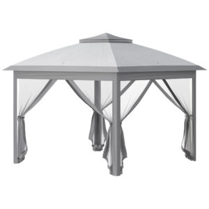 Saliekams dārza paviljons, metāls un auduma tentu, tīkla aizkari, pelēks, 330 x 330 x 288 cm