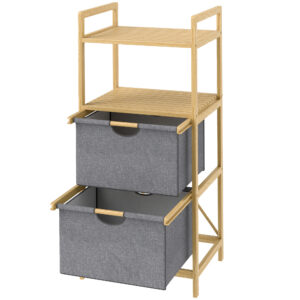 Veļas plaukts ar 2 auduma groziem, bambuss, dabīga koka krāsa, pelēks, 44 x 34 x 96 cm