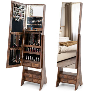 Laisvai pastatomas LED veidrodinis papuošalų spintelė su 6 stalčiais, Rustic Brown