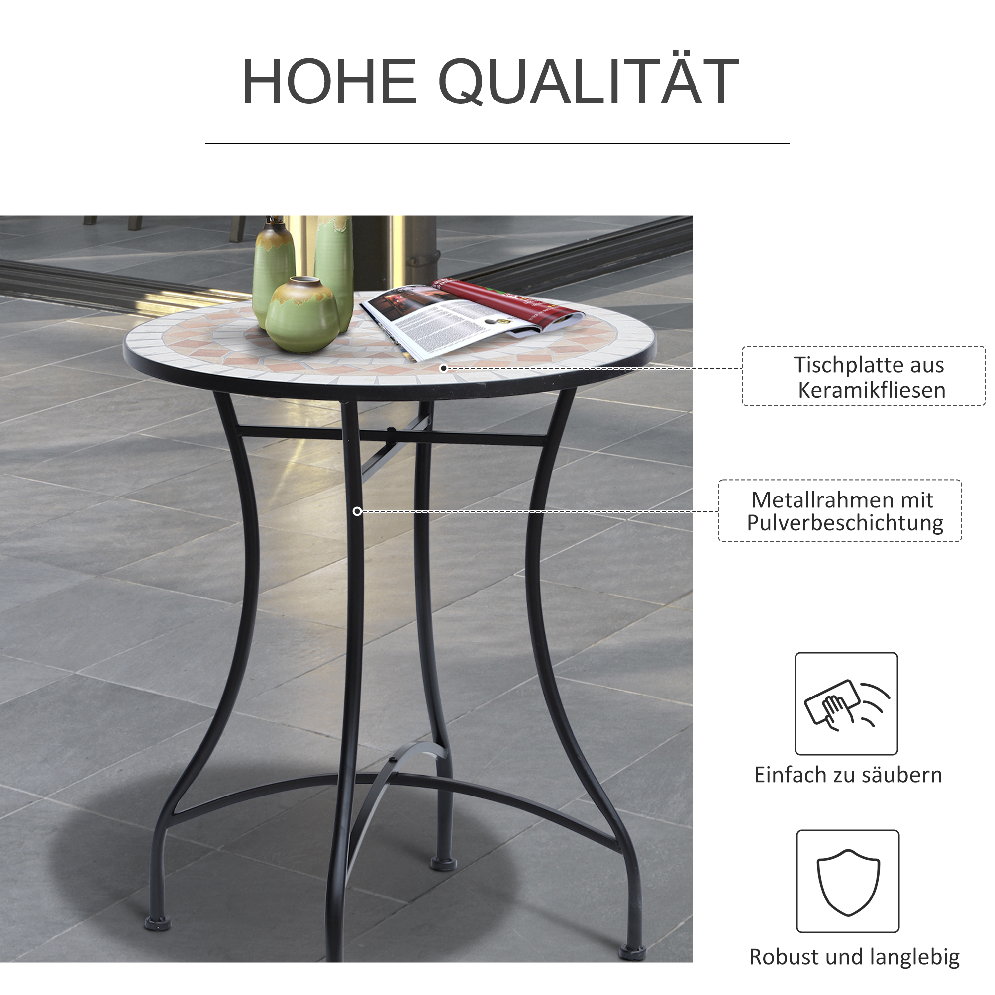Apvalus sodo staliukas su mozaika, plienas ir keramika, oranžinė / balta, Ø60 x H71 cm - Image 4