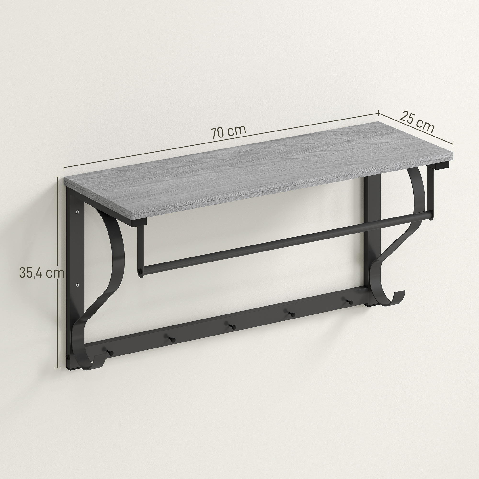 Seinään kiinnitettävä vaateteline, harmaa, 5 koukkua, 70 x 25 x 35,4 cm - Image 3