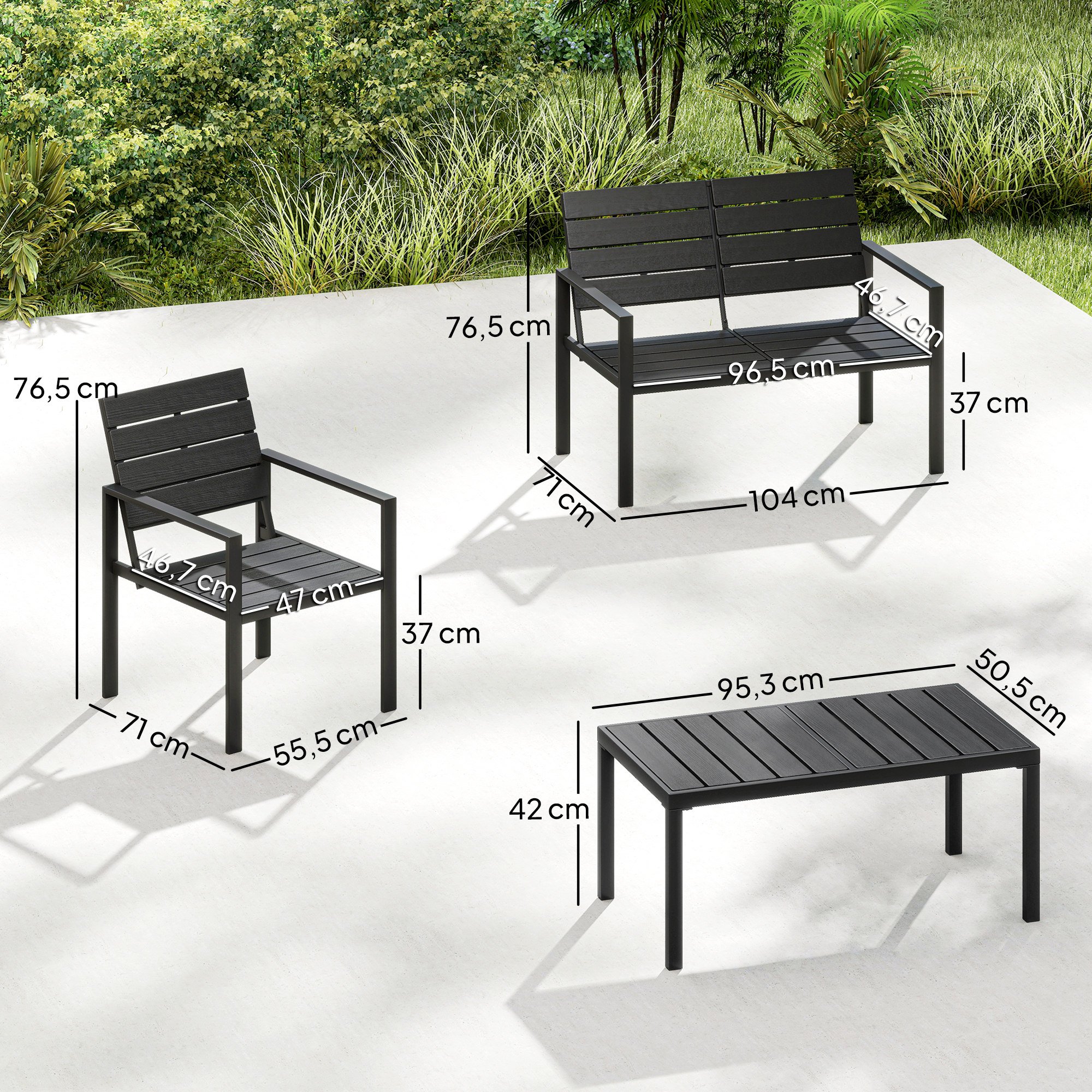 Lauko baldų komplektas 4 asmenims, 2-vietė sofa, 2 foteliai, platus kavos staliukas, HDPE lentelės, juodas - Image 3