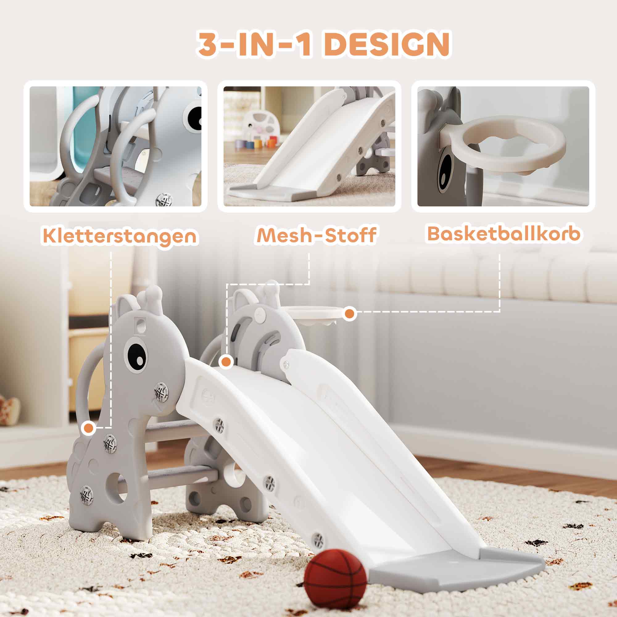 3-in-1 bērnu slidkalniņš, žirafes forma, basketbola grozs, bumba, pelēks - Image 4