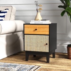 Boho rattan öökapp tahvli ja puidust jalgadega, must