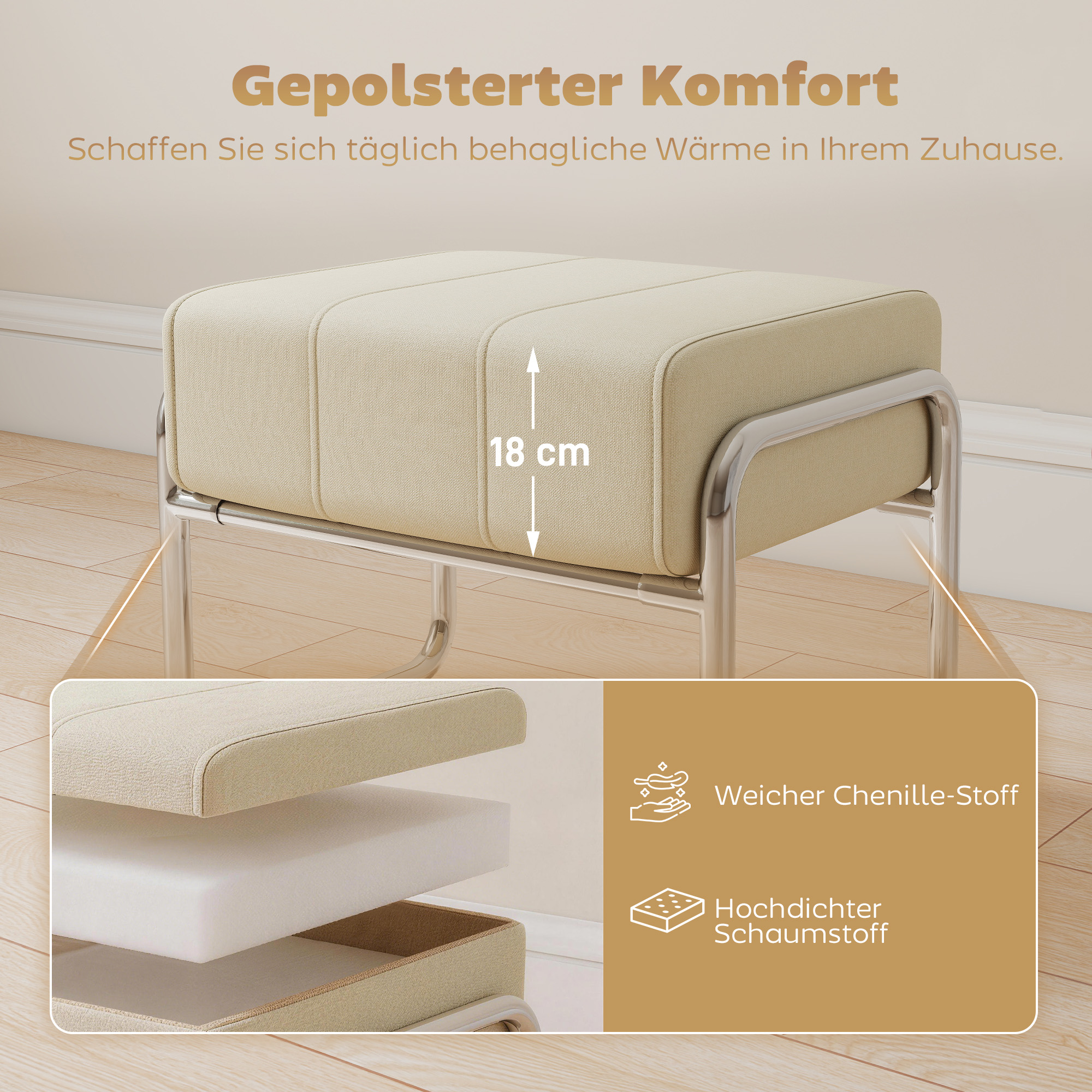 Jalkatuki, pehmustettu, chenille-kangas, beige, 52 x 42 x 42 cm - Image 4