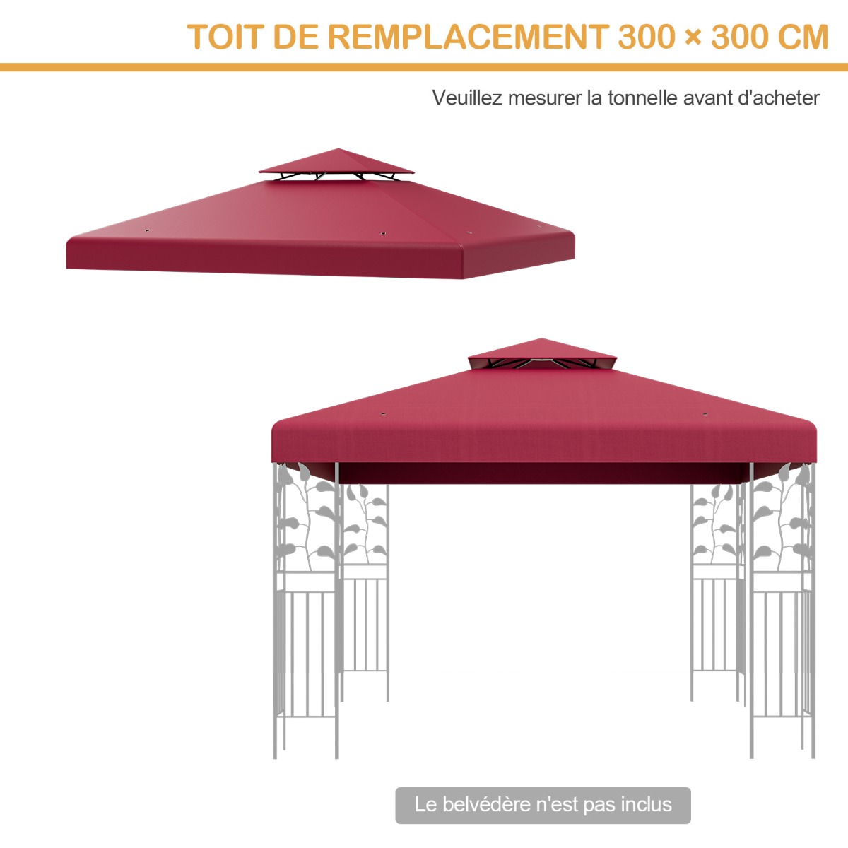 Pakeitimo viršutinis dangtis 300 × 300 cm dviaukštei terasos pavėsinei, vyno raudonos spalvos