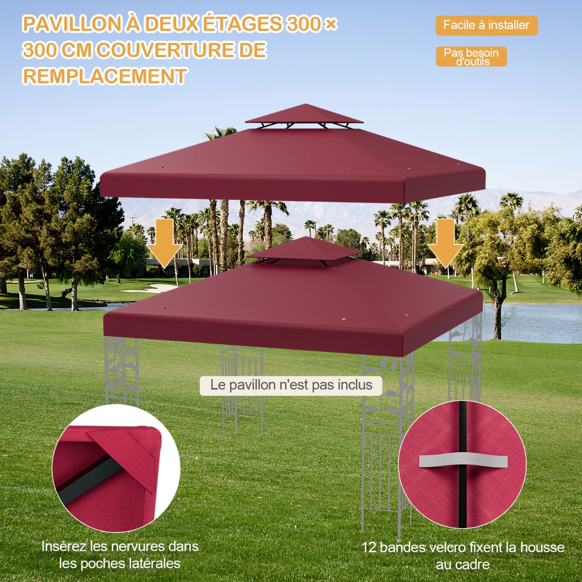Pakeitimo viršutinis dangtis 300 × 300 cm dviaukštei terasos pavėsinei, vyno raudonos spalvos - Image 2