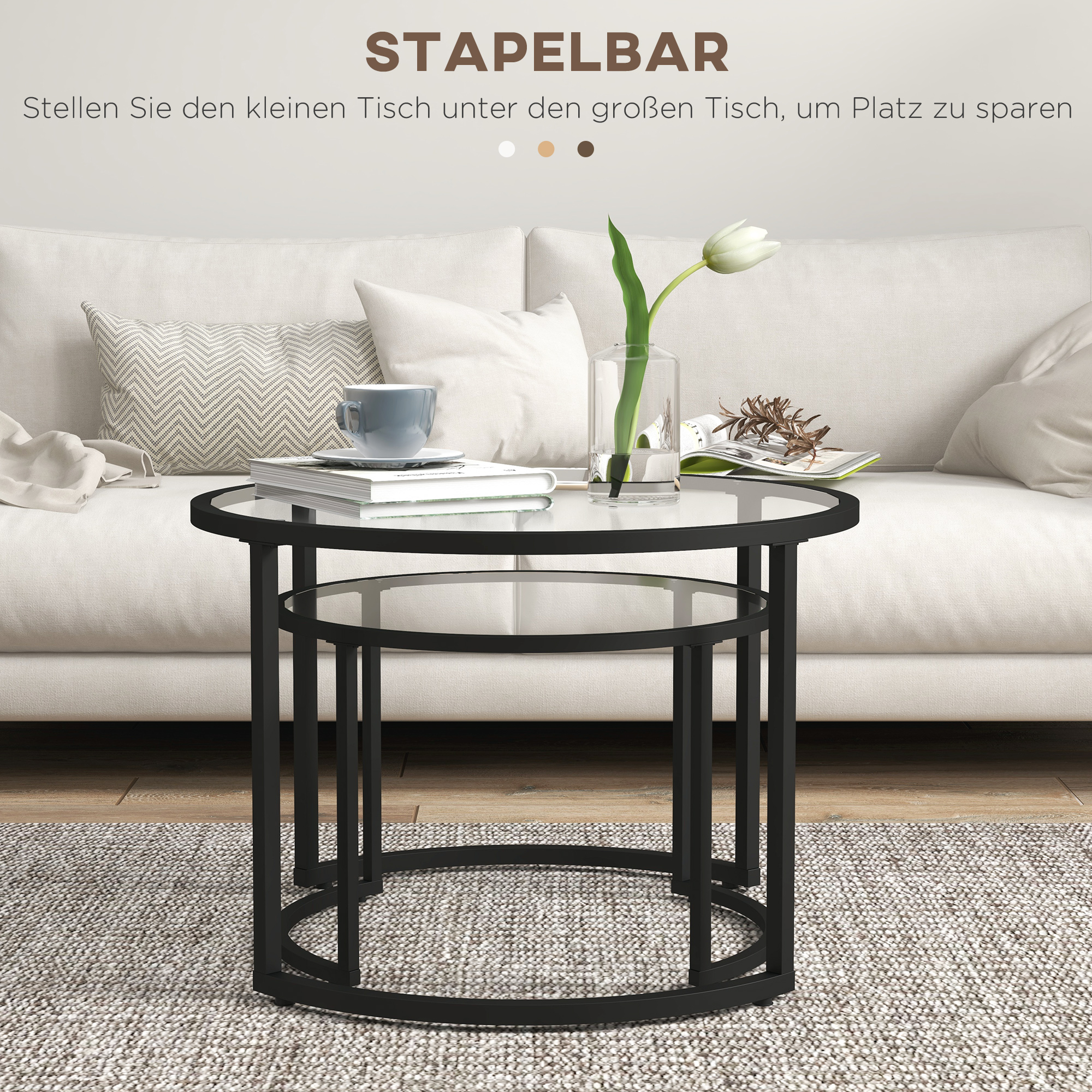 2 dalių šoninių staliukų rinkinys, juodas, stiklas, industrinis dizainas, Ø70 / Ø54 cm - Image 4