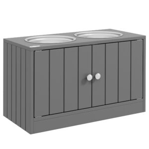 Kõrgendatud koera söötmiskeskus 2 roostevabast terasest kausi ja 44 l hoiuruumiga, hall, 60 x 30 x 35,5 cm