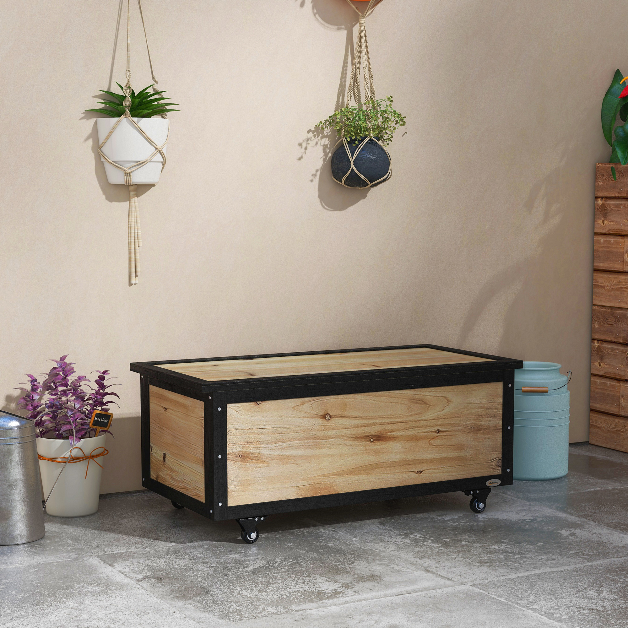 Puutarhan säilytyslaatikko, 121 l, 2 pyörää, luonnonpuun värinen, 100 x 50 x 43 cm - Image 2