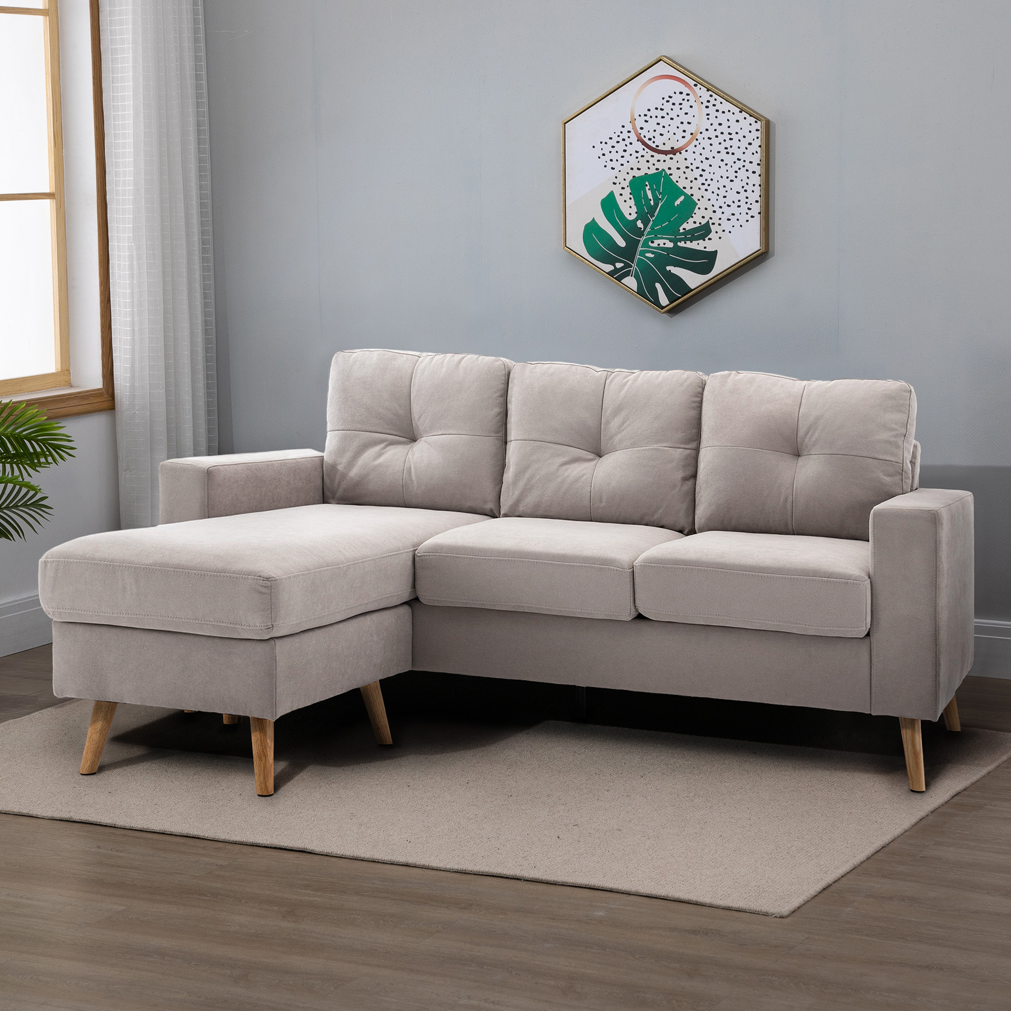 3 vietų kampinė sofa, lininės išvaizdos, apverčiama šezlongo dalis, 193 x 136 x 85 cm, šviesiai pilka - Image 2