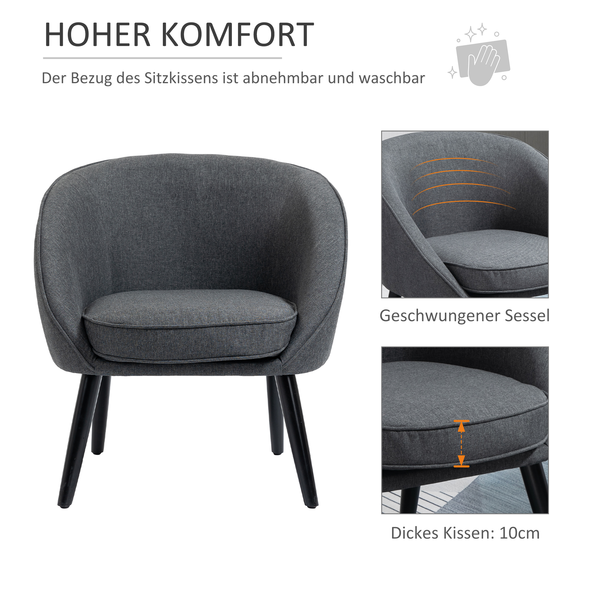Lounge-nojatuoli, harmaa, pellavamainen polyesteri ja puu, 71 x 65 x 75 cm - Image 4