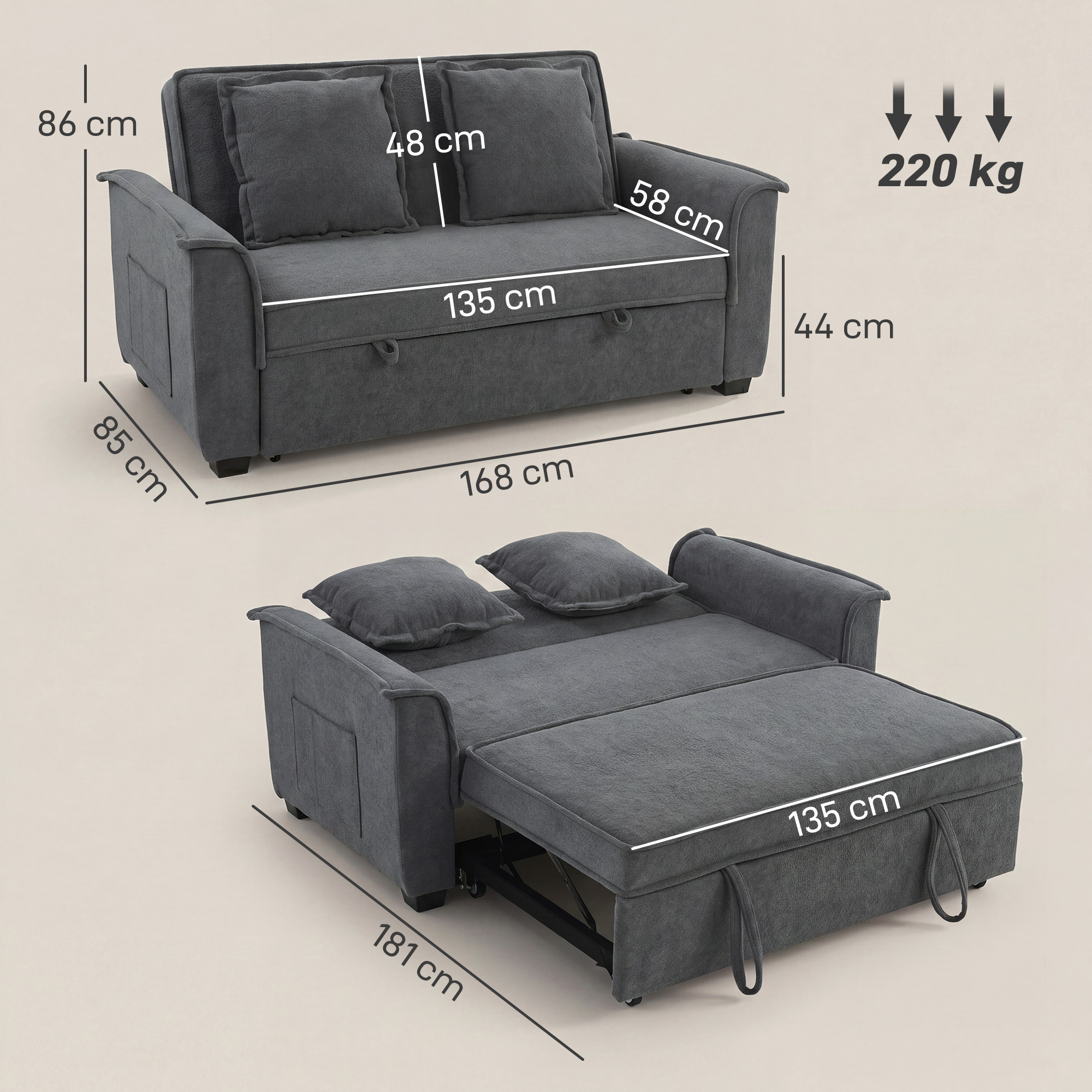 Futono miegamoji sofa, reguliuojama atlošo dalis, 2 vietų, 2 pagalvės, tamsiai pilka - Image 3