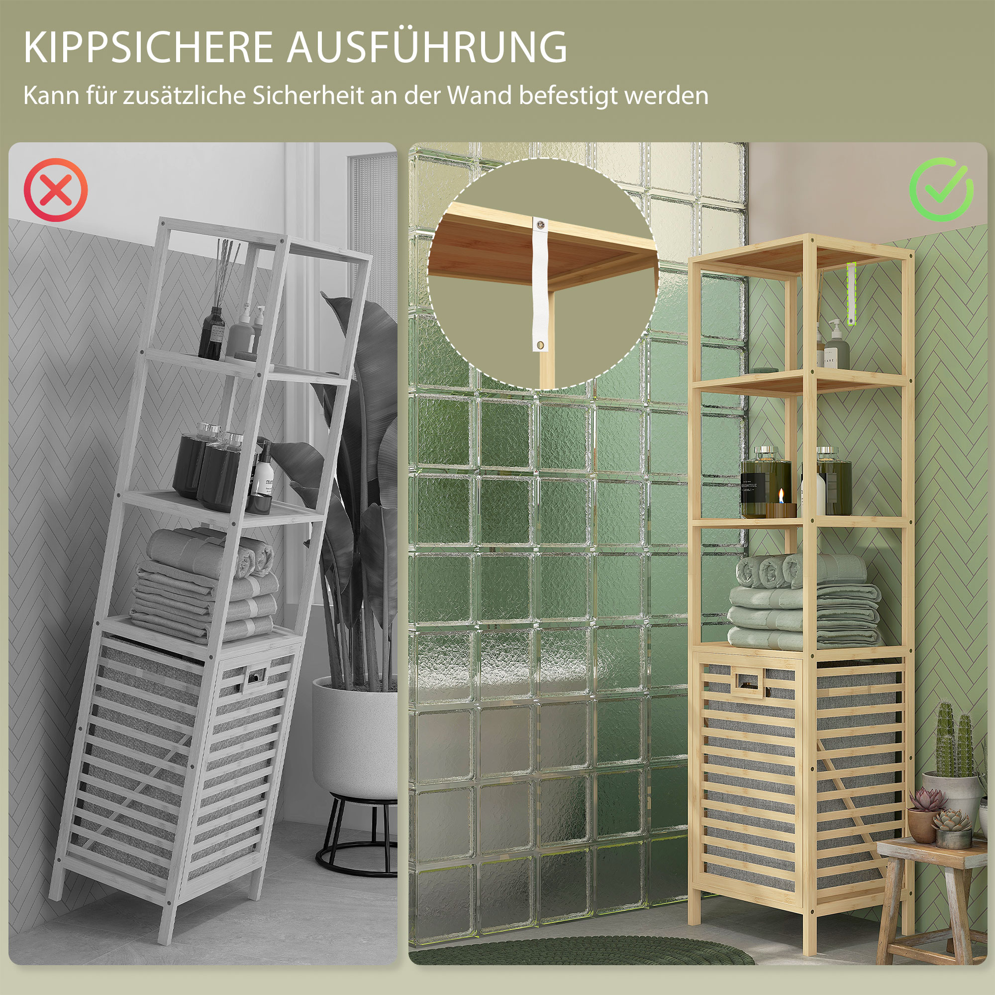 Kylpyhuonekaappi pyykkikorilla, bambusrunko, luonnollinen, 44 x 33 x 160 cm - Image 7