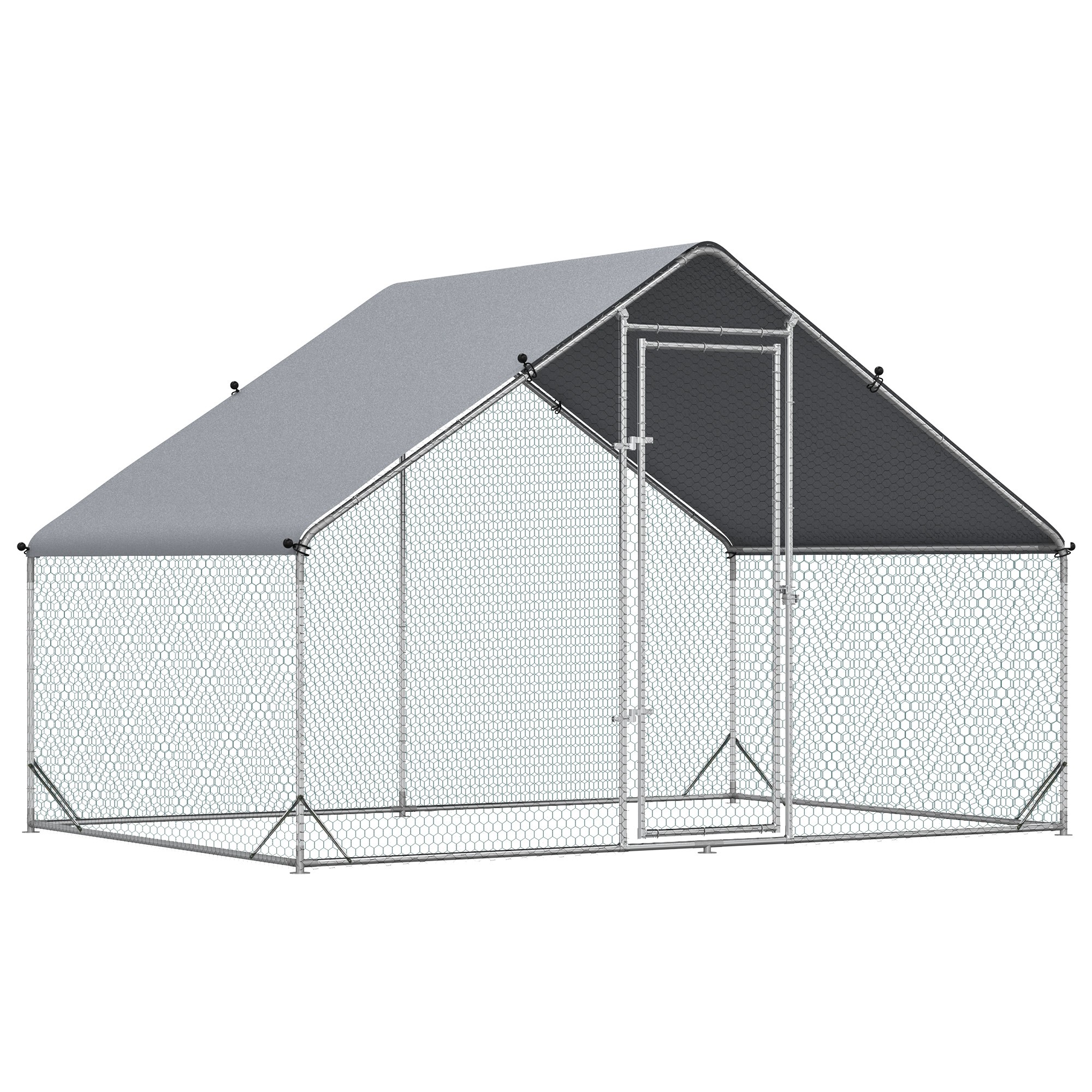 Kanakuut väljas jalutusaiaga ja katusega, 3 x 2 x 2 m, hõbedane/hall