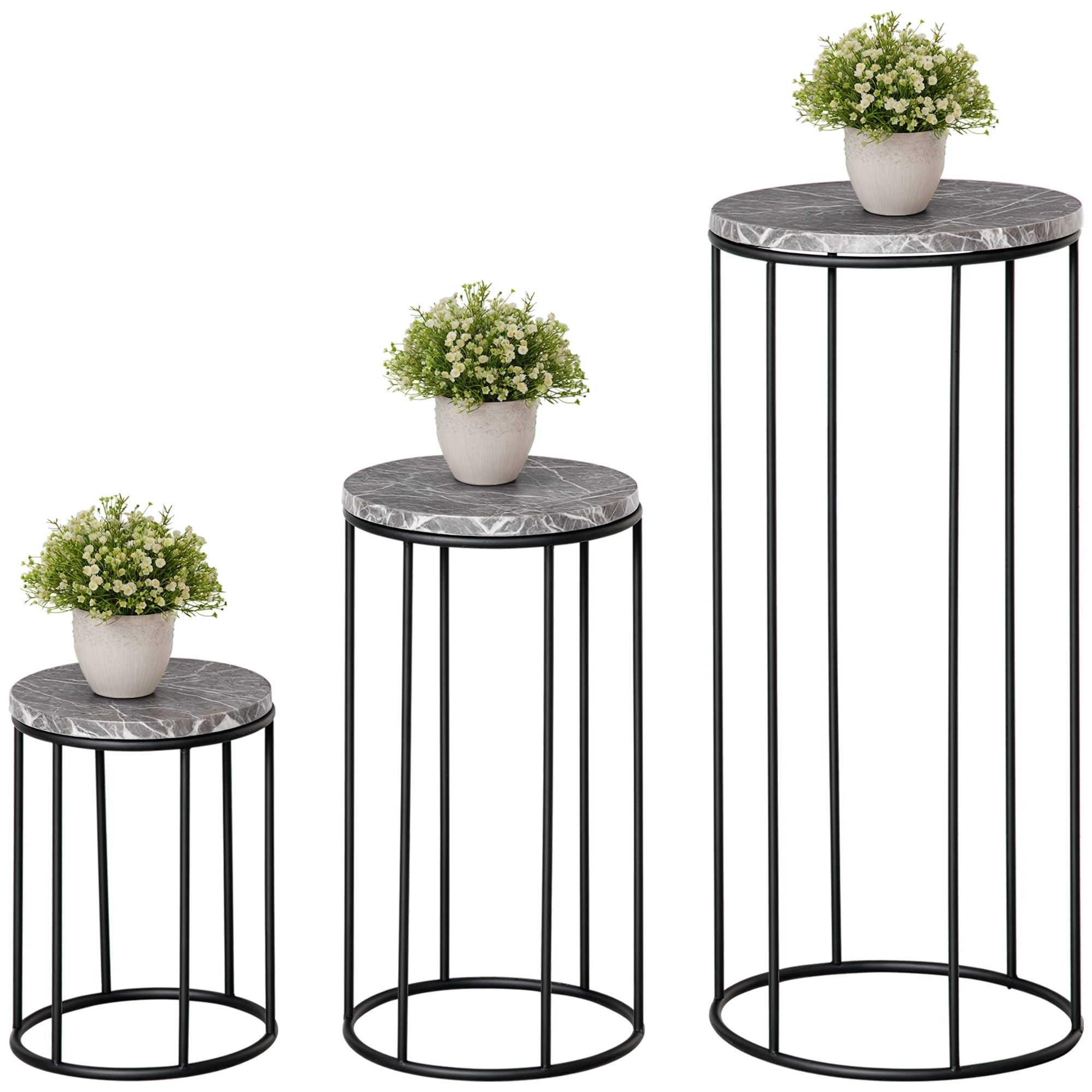 3-osainen metallinen kukkateline setti, musta ja harmaa, marmoripinta