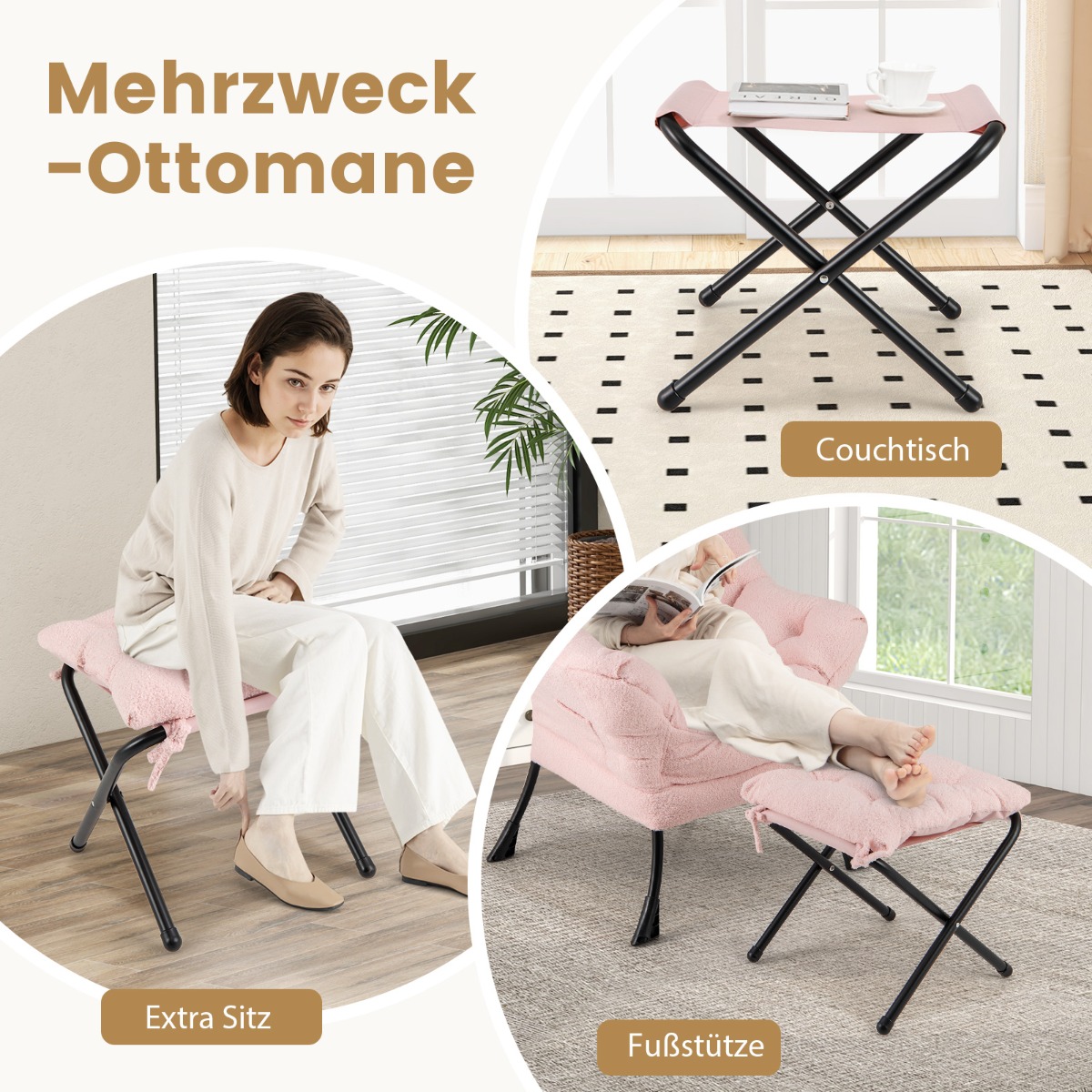 Modernus fotelis su sulankstomu pakoja ir pagalve - rožinis - Image 4