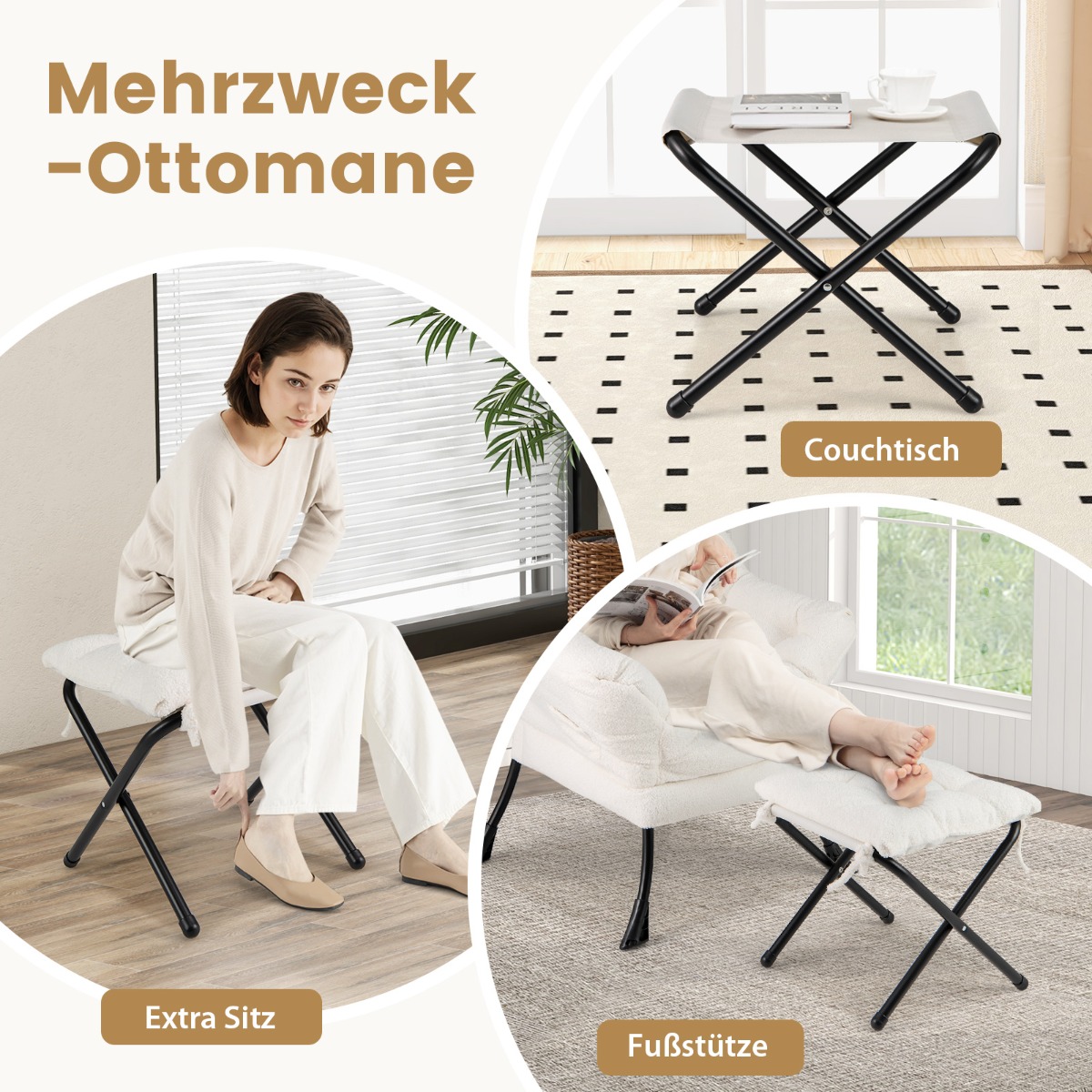 Moderni nojatuoli taitettavalla jalkatuella ja tyynyllä - beige - Image 8