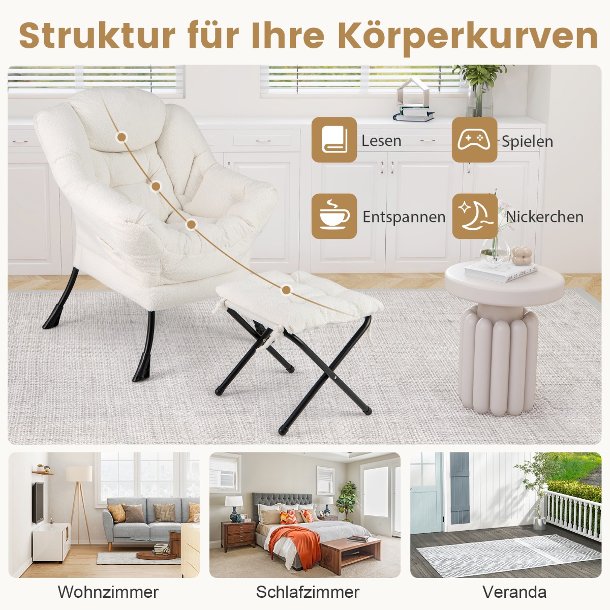 Moderni nojatuoli taitettavalla jalkatuella ja tyynyllä - beige - Image 6