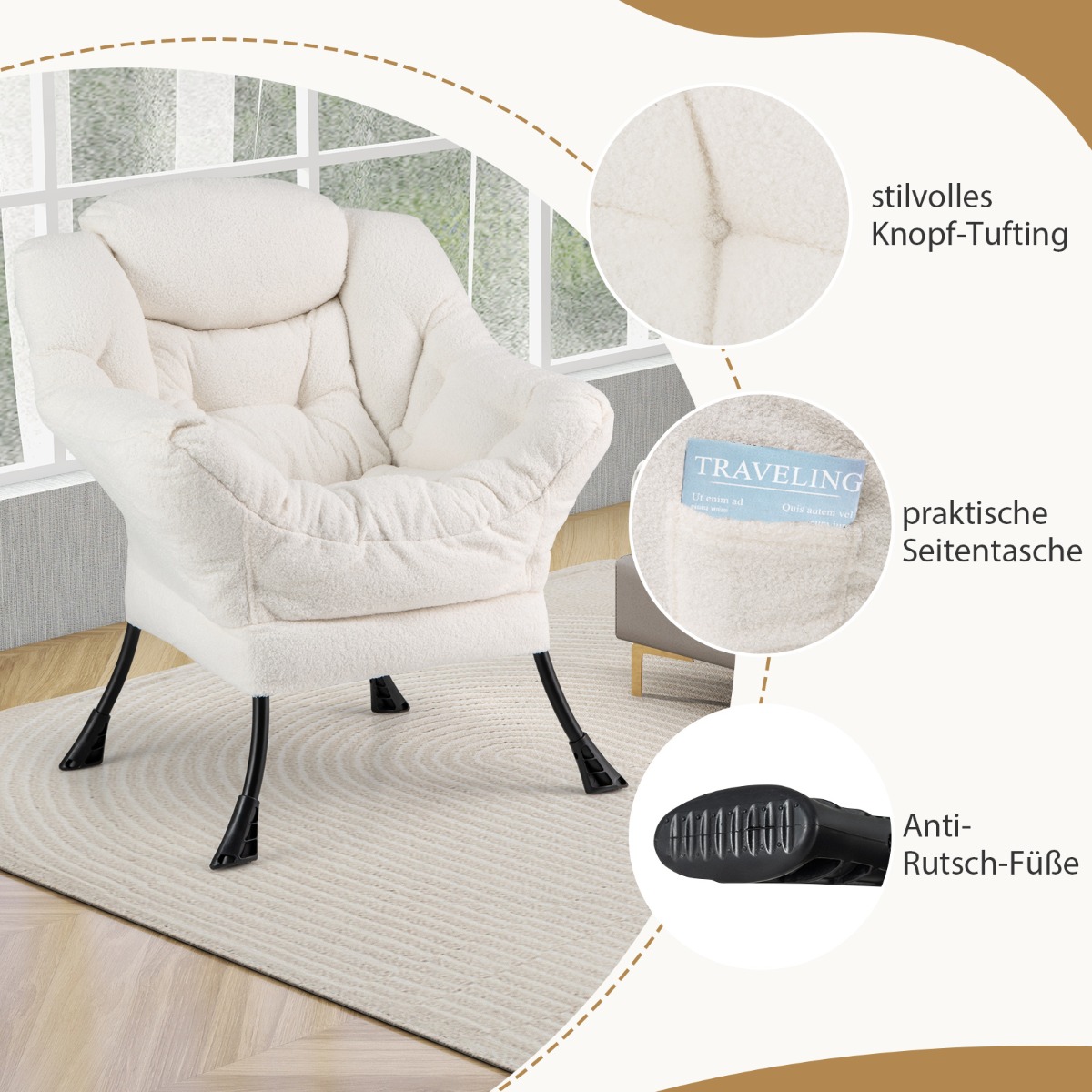 Moderni nojatuoli taitettavalla jalkatuella ja tyynyllä - beige - Image 7