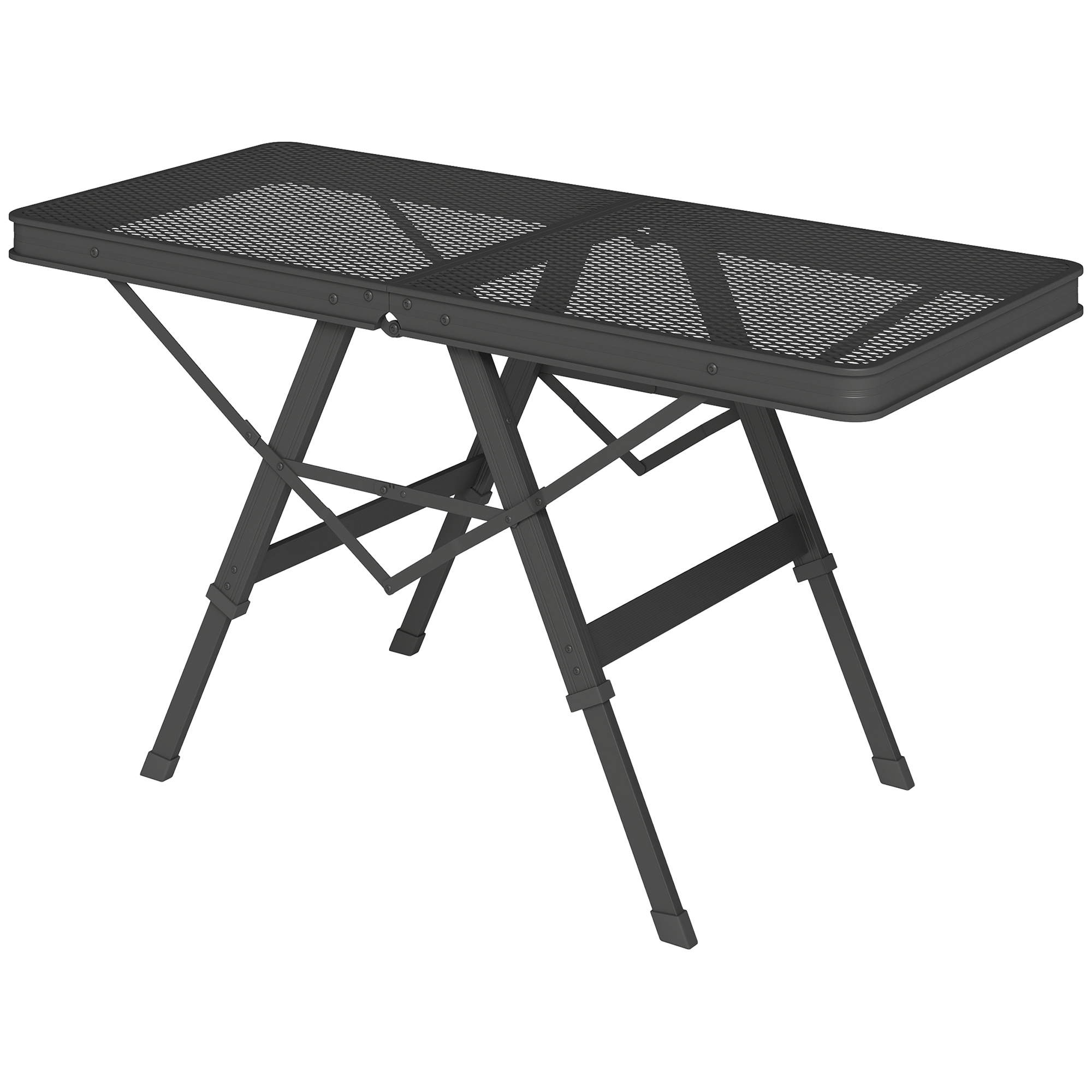 Regulējams кемпinga galds, saliekams, metāla režģa virsma, melns, 90 x 40,5 x 48-58 cm