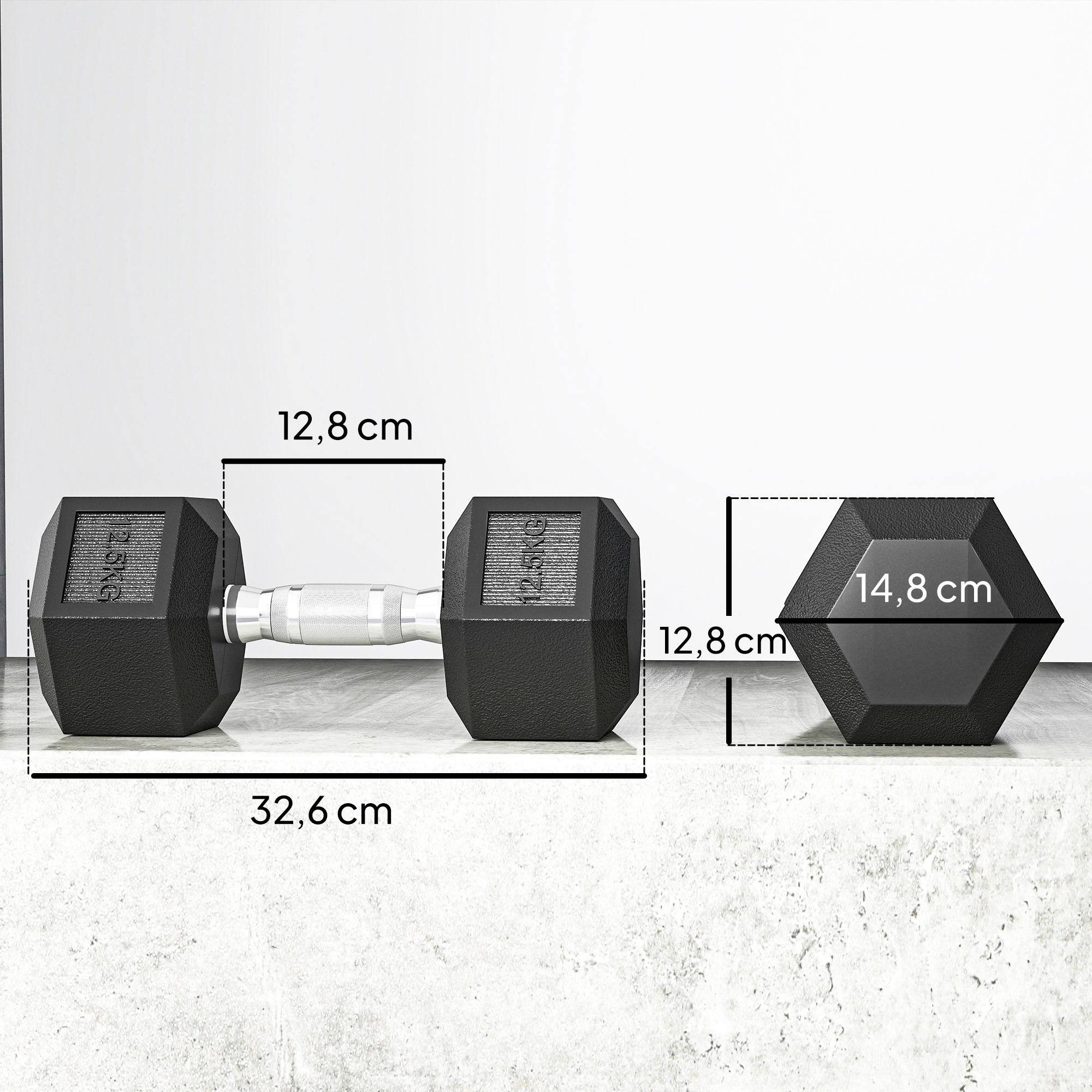 Hantelių rinkinys, 2 x 12,5 kg, juodas, guma, su rievėta rankena - Image 3