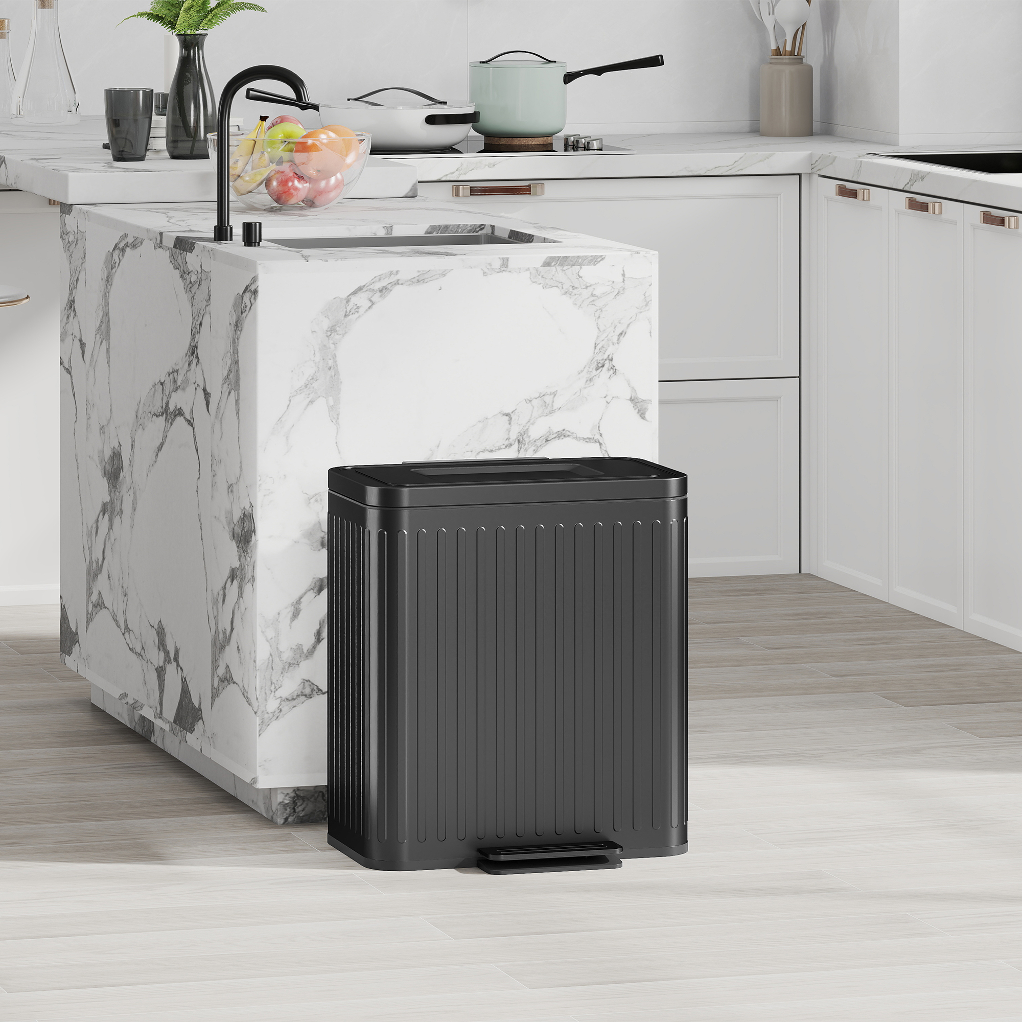 Virtuvės šiukšliadėžė, 2 x 20 l skyriai, juoda, metalas ir plastikas, 45,5 x 36,5 x 51 cm - Image 2