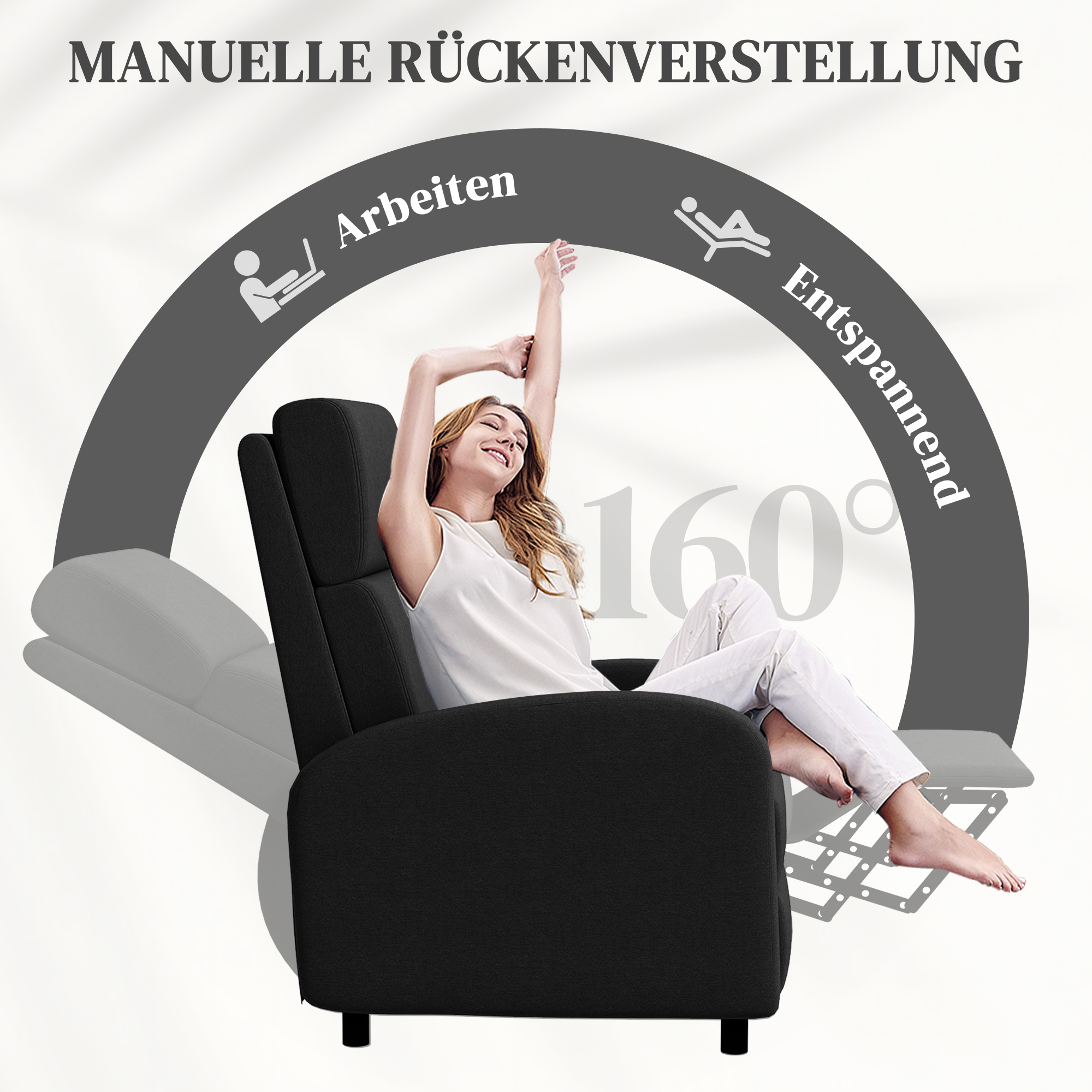 Relax krēsls, televizora krēsls ar atgāšanas funkciju, polsterēts, melns, 64 x 86 x 102 cm - Image 4
