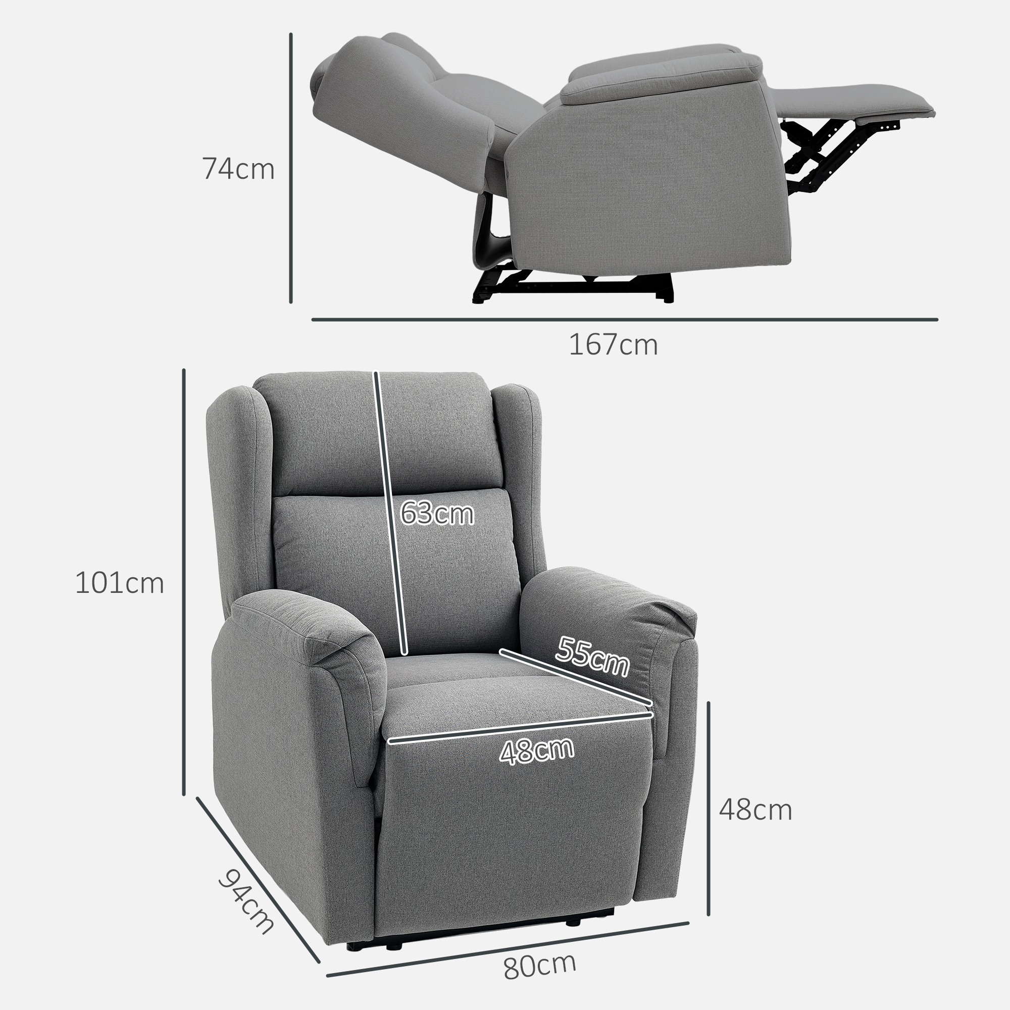 Relaxsessel, regulējams polsterēts atpūtas krēsls ar kāju balstu, noliecams līdz 160°, tumši pelēks, 80 x 94 x 101 cm - Image 3