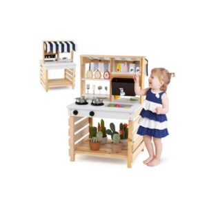 2-in-1 Puidust Mänguköök Katusega Looduslik