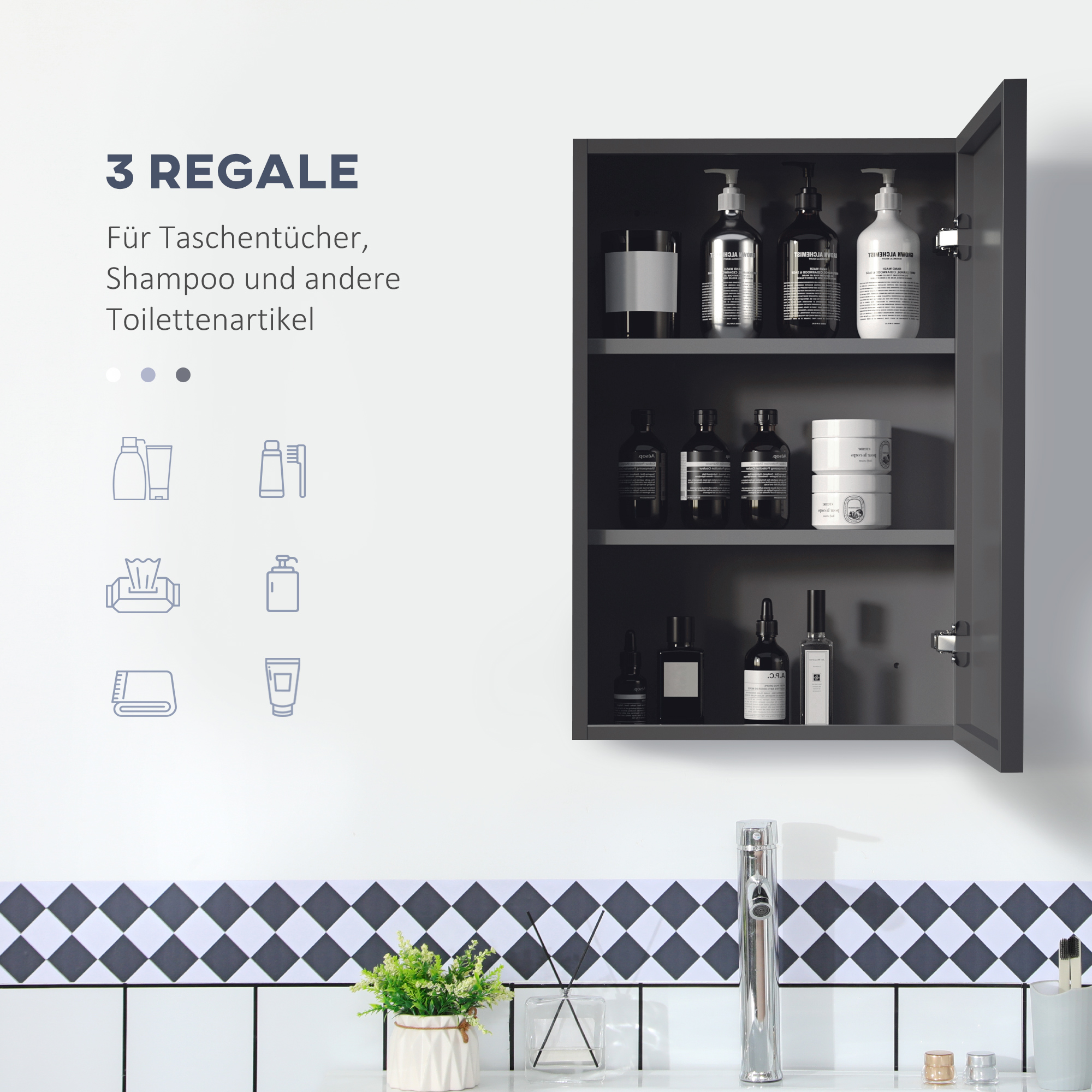 Peegelkapp, 3 riiulit, pehmed hinged, teraskorpus, must, 40 x 15 x 60 cm - Image 5