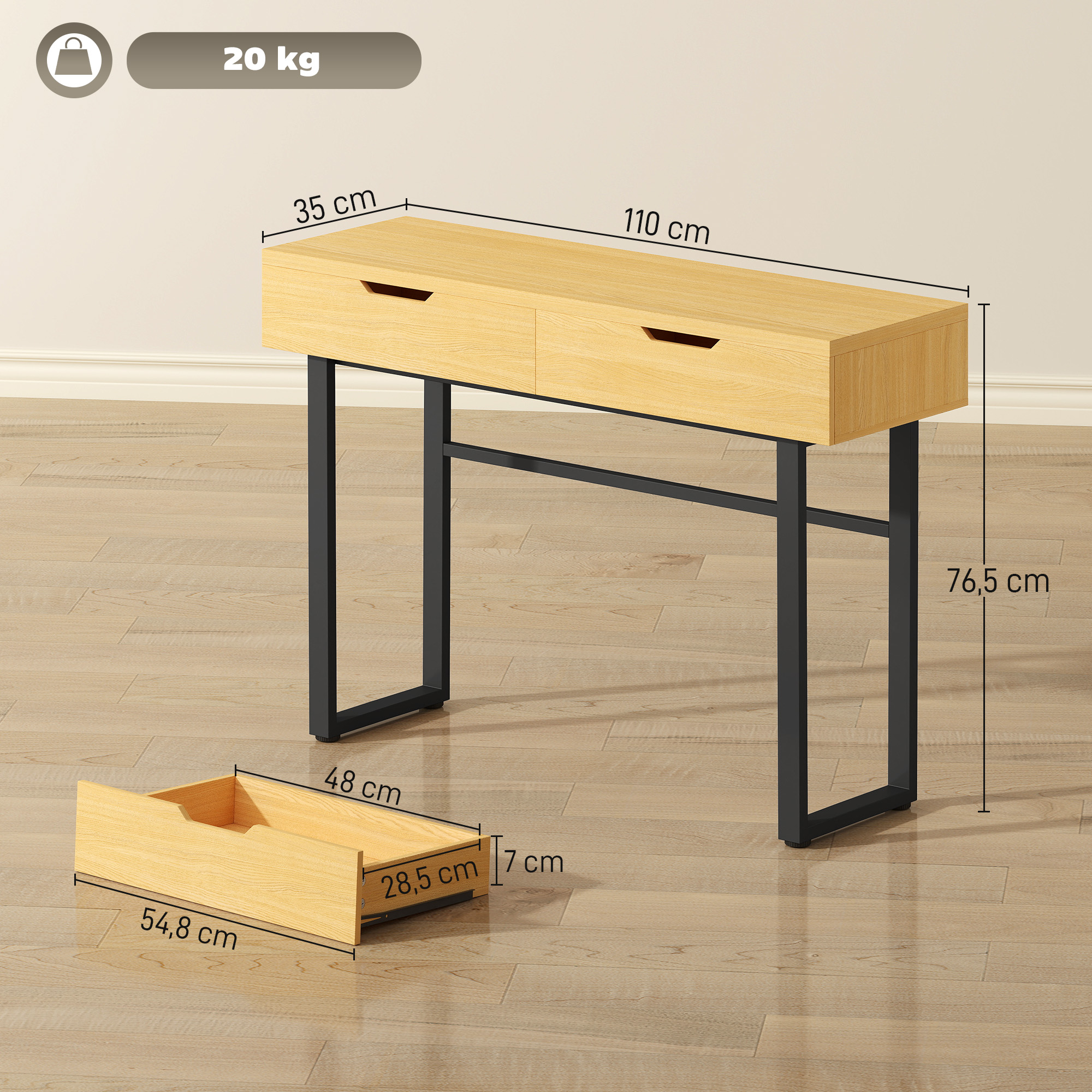 Konsolipöytä, kapea eteispöytä 2 laatikolla, metallirunko, 110 x 35 x 76,5 cm, luonnonvärinen - Image 3