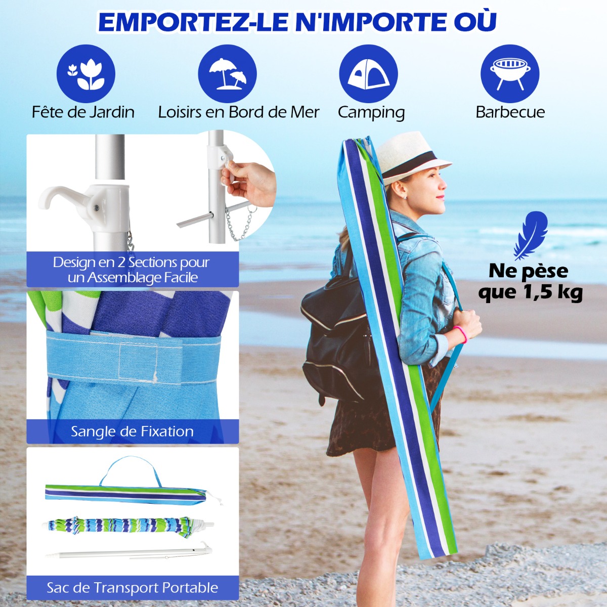 198 Cm paplūdimio skėtis su sidabriniu paviršiumi ir smėlio tvirtinimu, žalias - Image 2