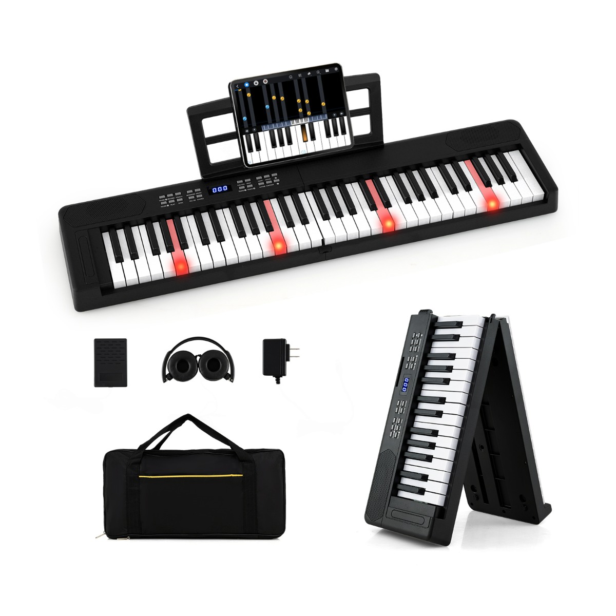 61-näppäiminen taitettava lasten piano, musta - Image 2