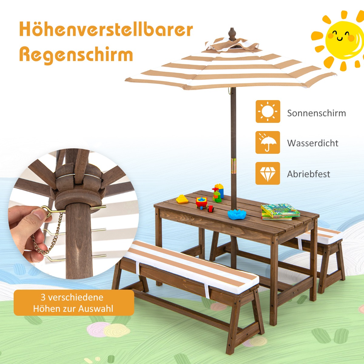 Bērnu aktivitāšu galds un soli ar lietussargu 89 × 44 × 50 cm, brūns