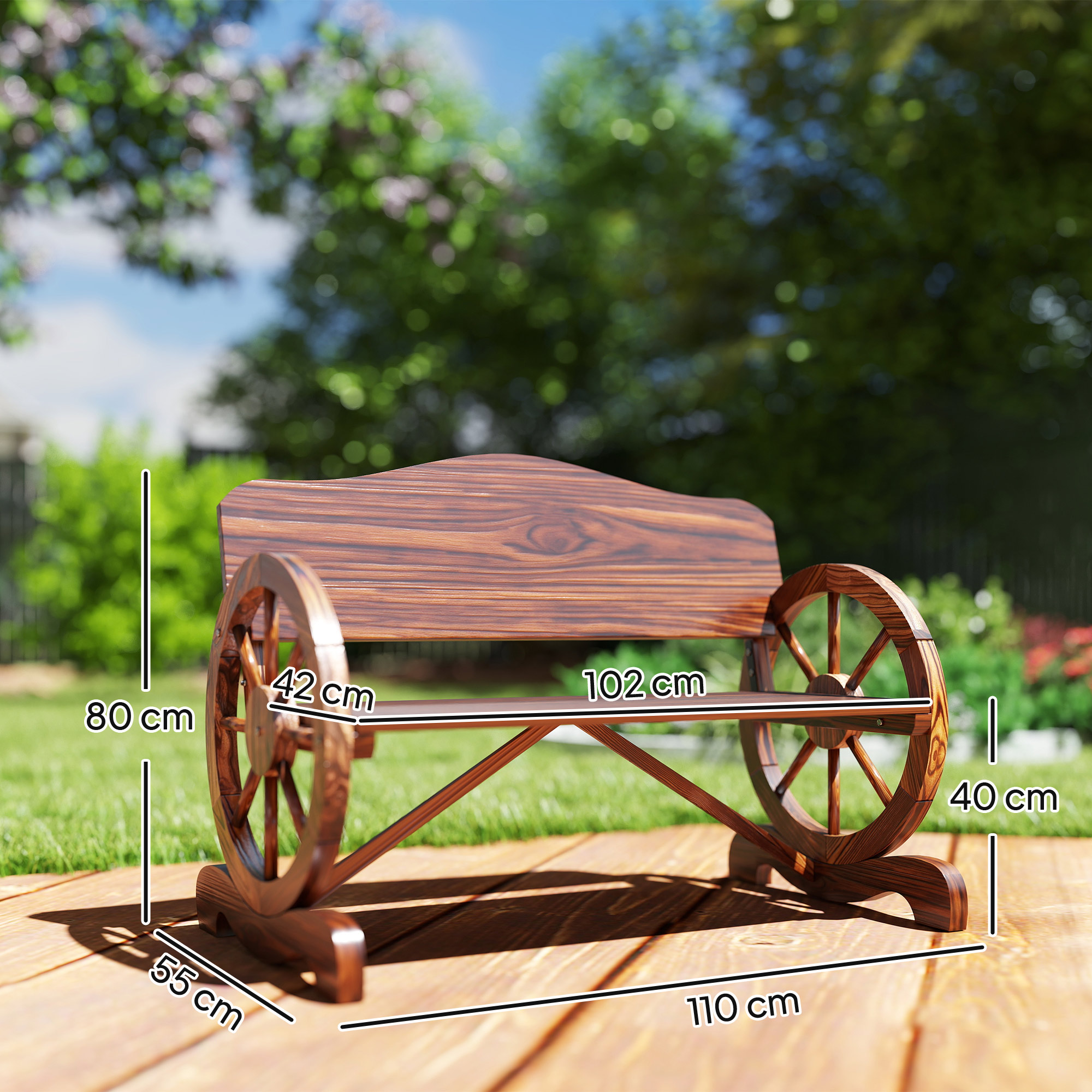 2 vietu dārza sols ar riteņu formas roku balstiem, rustikāls, ogļu melns, 110 x 55 x 80 cm - Image 3