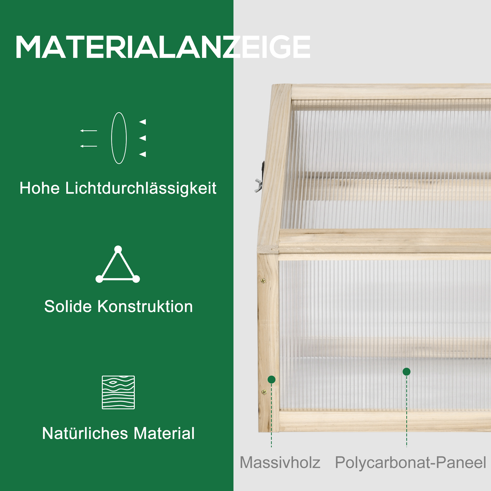 Mini kasvihuone puusta, polykarbonaattilevyt, luonnonpuun värinen, 90 x 52 x 49,5 cm - Image 4