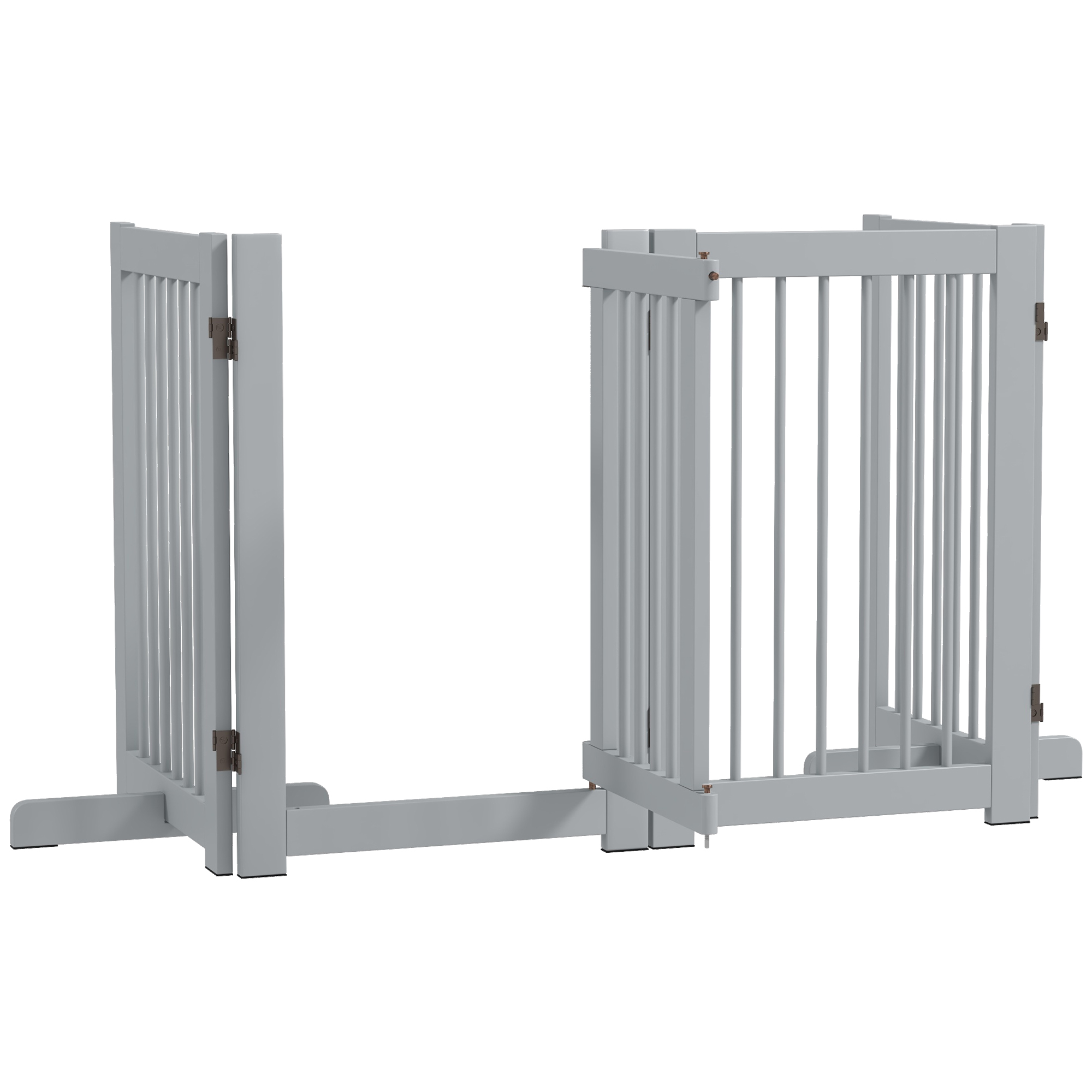 Brīvi stāvoši suņu vārti, 4 paneļi, priedes koks, gaiši pelēks, 204 x 36 x 75 cm