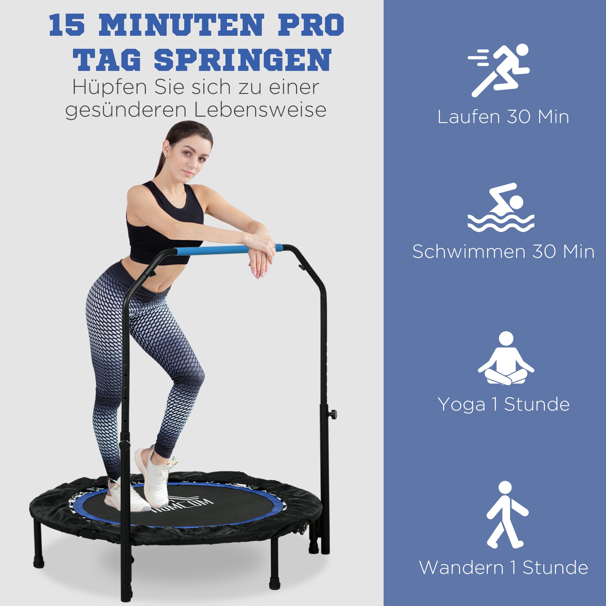 Salokāms fitnesa batuts ar regulējamu rokturi, Ø102 x 99-123 cm, melns / zils - Image 7