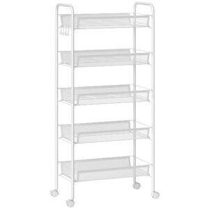 Köögikäru 5 traatkorvi, 4 konksu, 4 rattaga, 2 käepidemega, teras / plast, 45 x 26,5 x 106 cm, valge