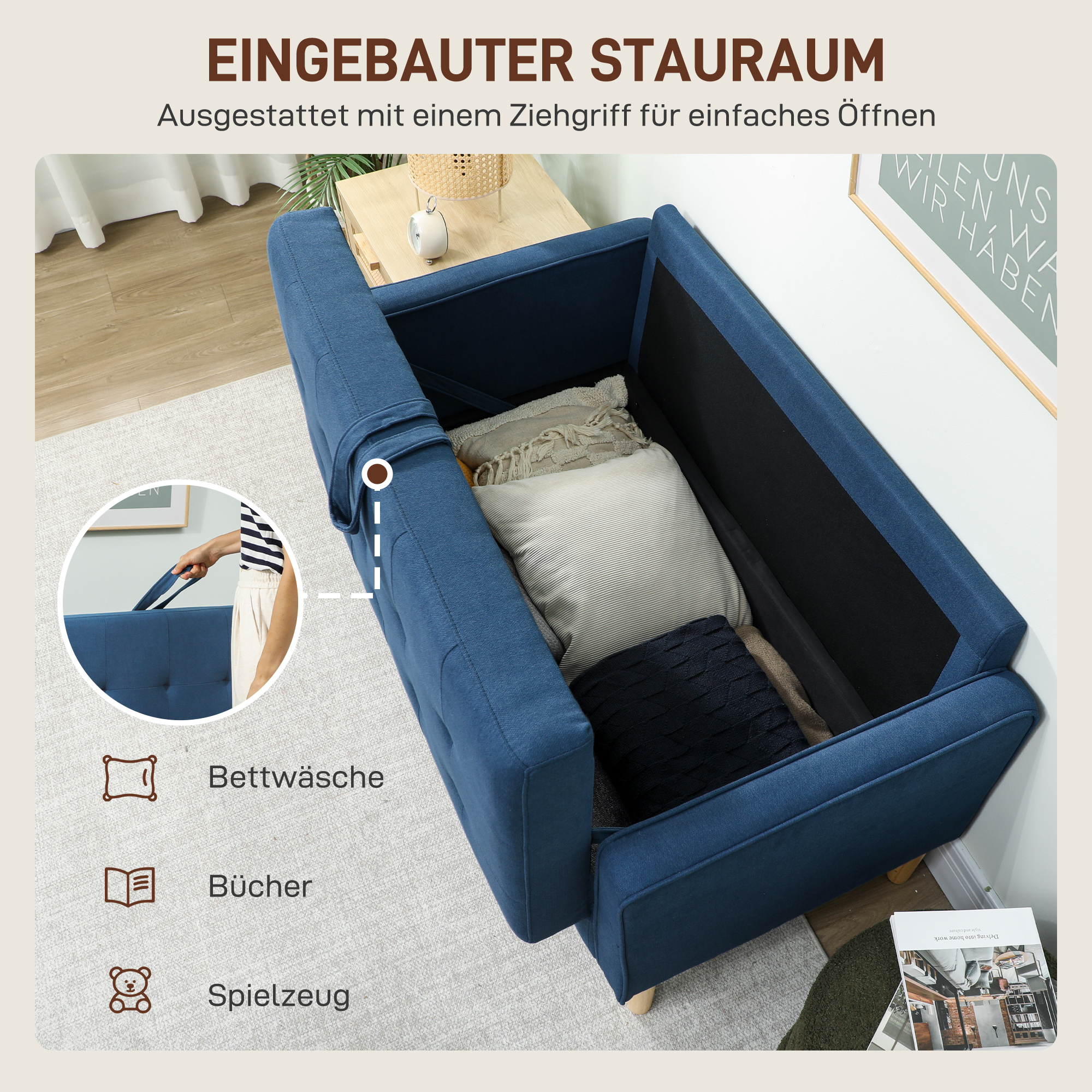 Dvivietė sofa su saugykla, mėlyna, 117 x 62 x 78 cm - Image 4