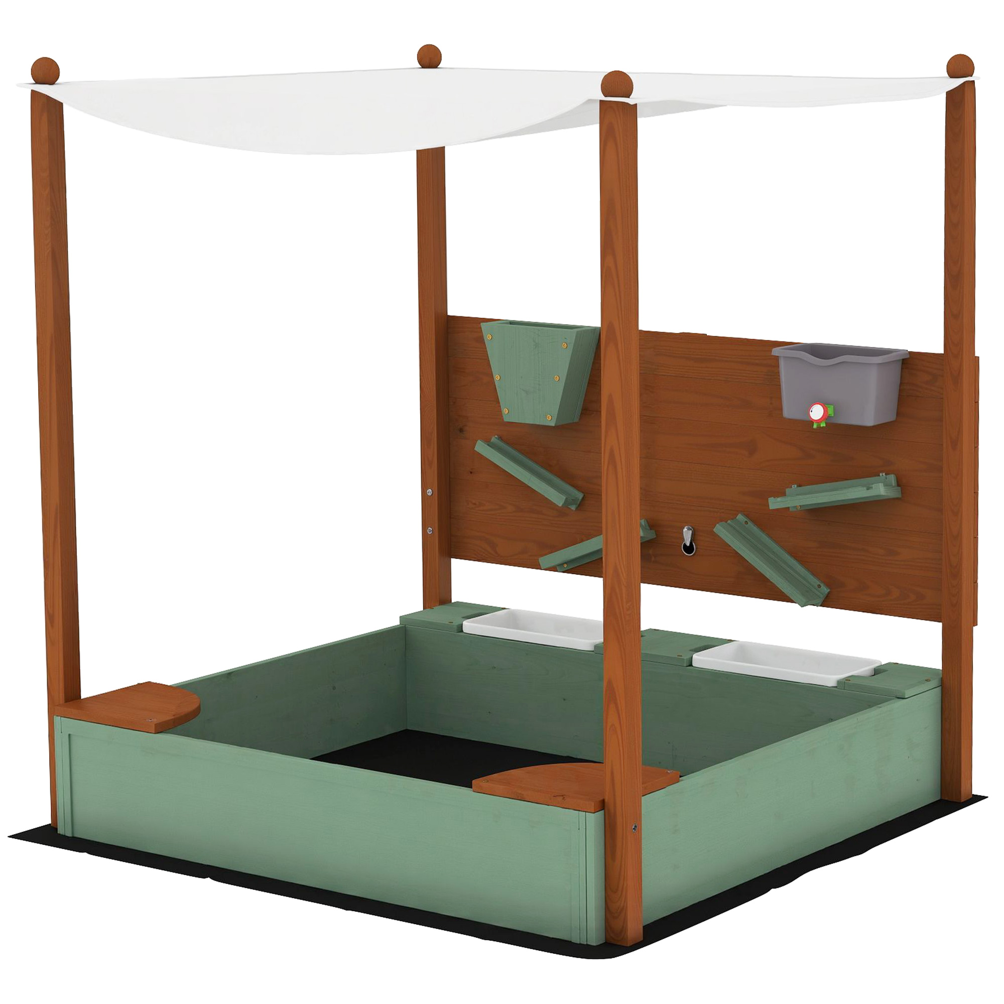 Liivakast varikatusega lastele, 2 hoiukonteinerit, 116 x 112,5 x 128 cm, kuusepuit, plast, roheline