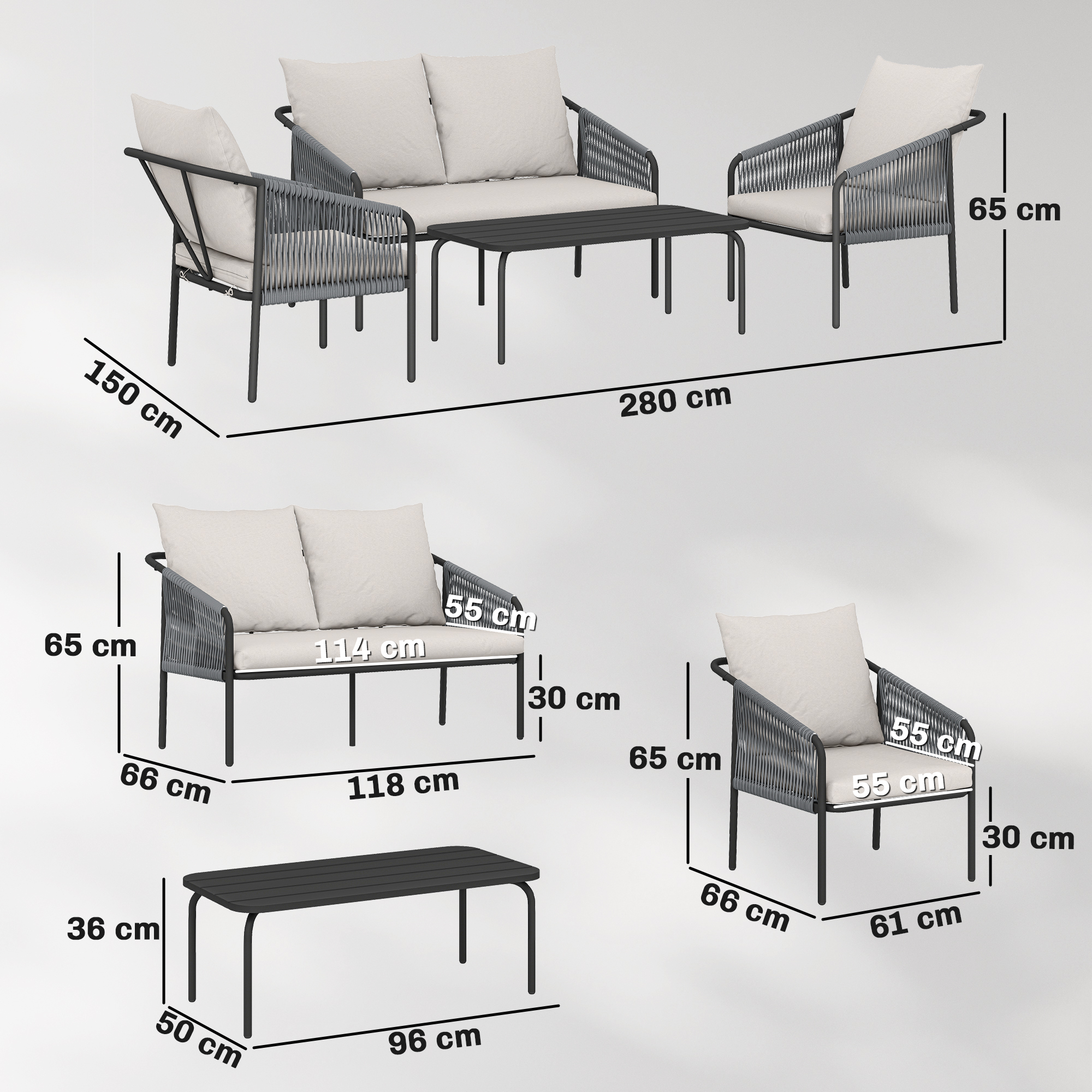 4 dalių sodo baldų komplektas, poliratano lounge rinkinys, khaki / šviesiai pilka / juoda - Image 3