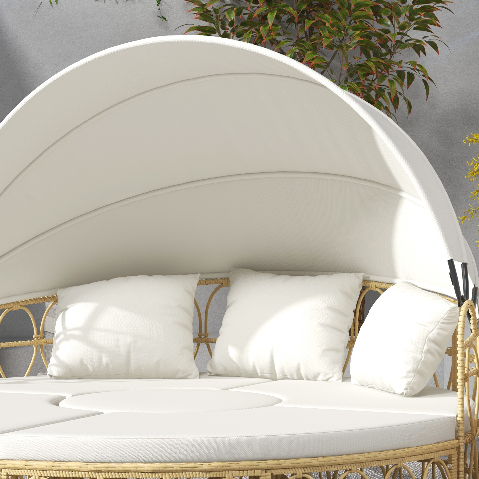 Ulkoilmalounge-setti, 4-osainen, ulosvedettävä katto, 5 tyynyä, rottinkimainen, kermanvalkoinen, 178 x 85 x 66,5 cm - Image 9