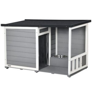 Koeramaja täispuidust, 2 söögikausiga, verandaga, ilmastikukindel, 103 x 62 x 66 cm, hall + valge