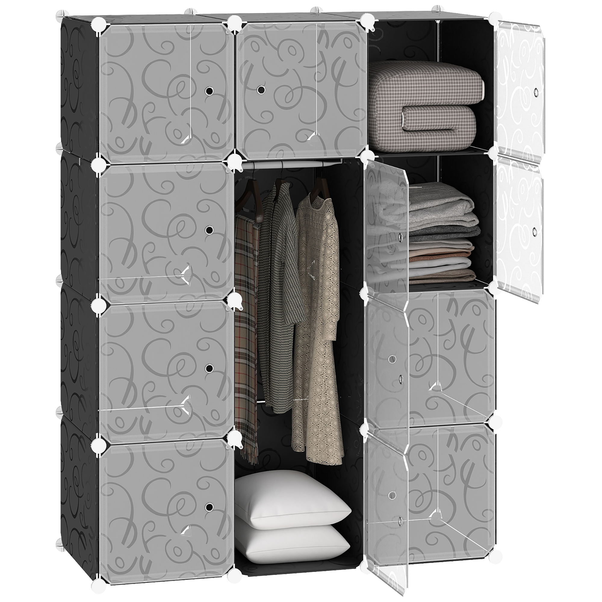 Mustvalge modulaarne kapisüsteem 2 riidepuutoruga, 111 × 47 × 145 cm