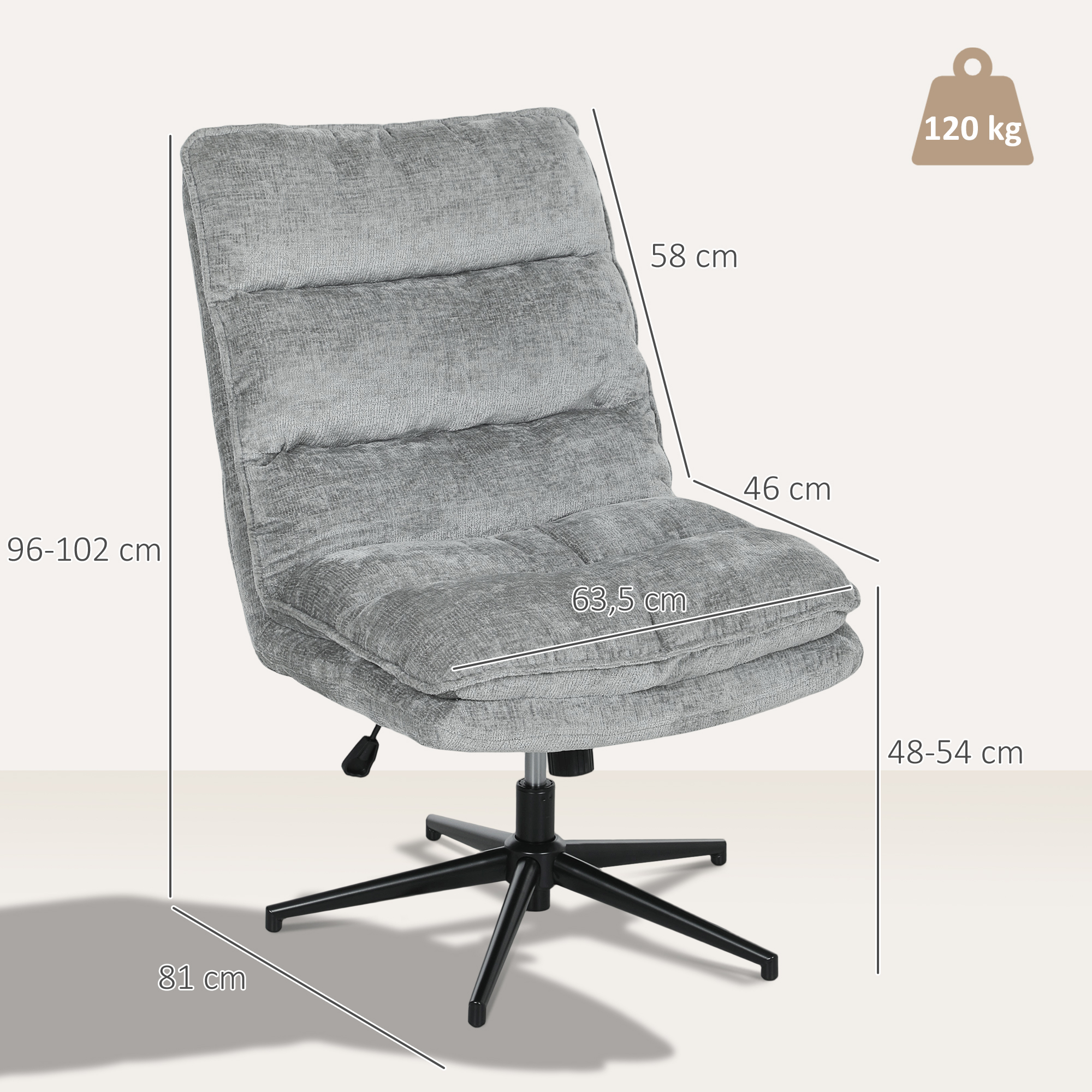 Kääntyvä toimistotuoli ilman käsinojia, pehmeällä Chenille-kankaalla, harmaa, 63,5 x 81 x 96-102 cm - Image 3