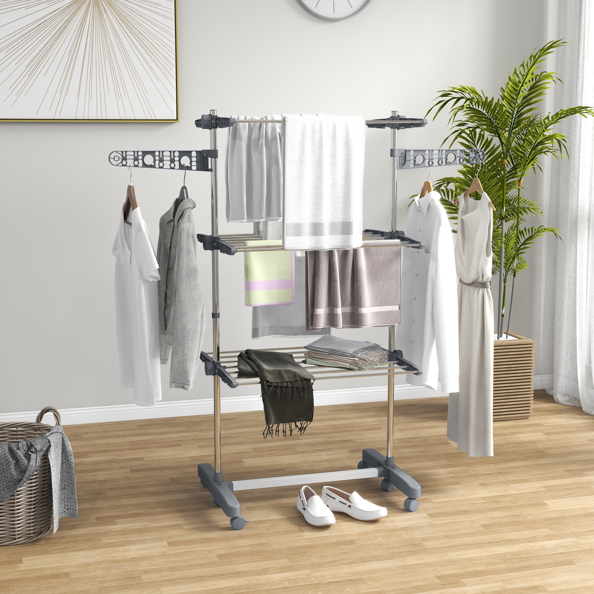 Taitettava pyykinkuivausteline pyörillä, 4 tasoa, harmaa, 142 x 55 x 152 cm - Image 2