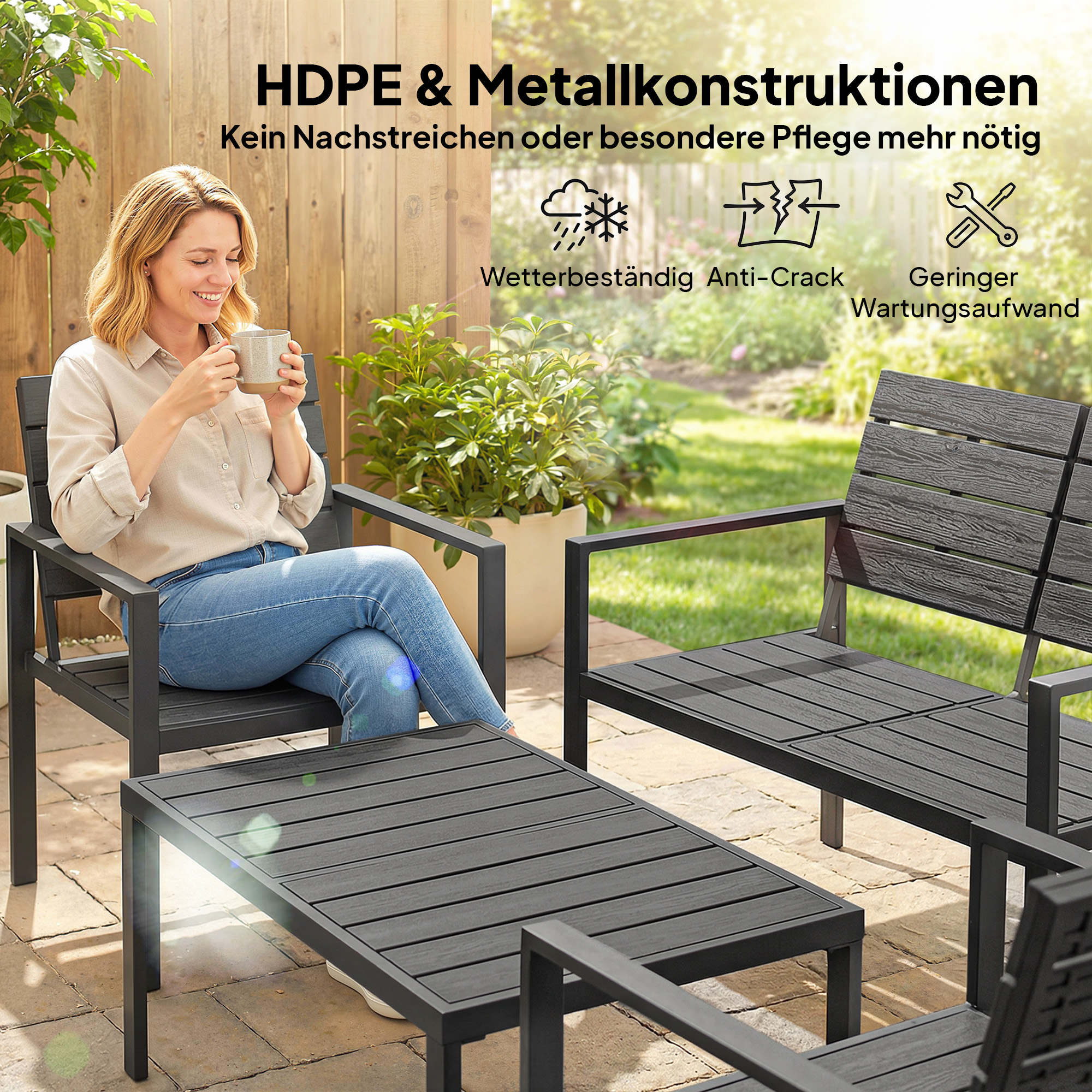 Lauko baldų komplektas 4 asmenims, 2-vietė sofa, 2 foteliai, platus kavos staliukas, HDPE lentelės, juodas - Image 4