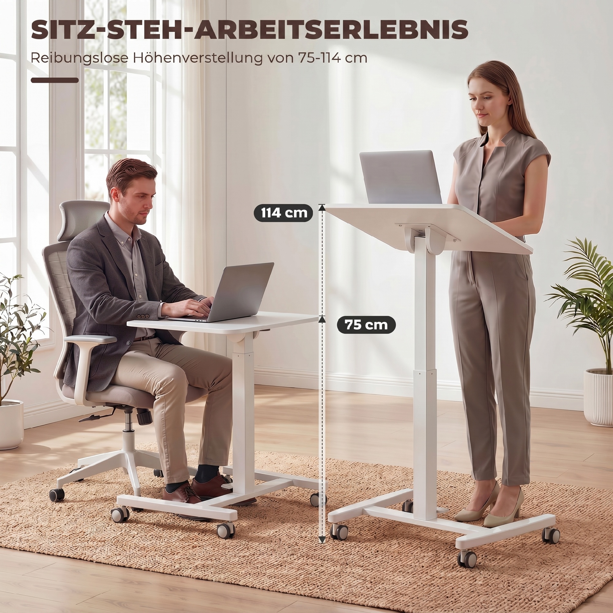 Regulējama augstuma stāvgalds ar ritentiņiem, balts, 60,5 x 52 x 75-114 cm - Image 4